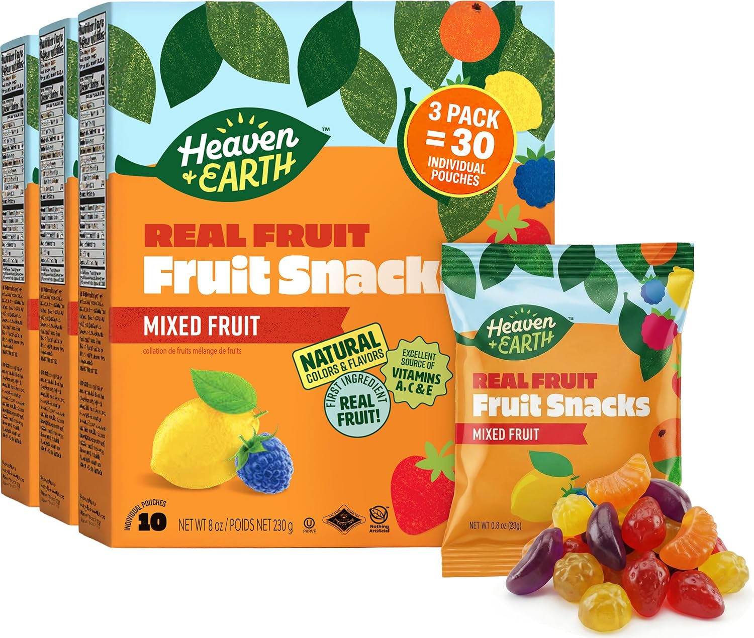Heaven & Earth Fruit Snacks, Mixed Fruit, .8 oz (30 Pouches) | Real Fruit Gummies for Kids | School Safe, Natural Colors & Flavors | Healthy Lunchbox Snack | Kosher