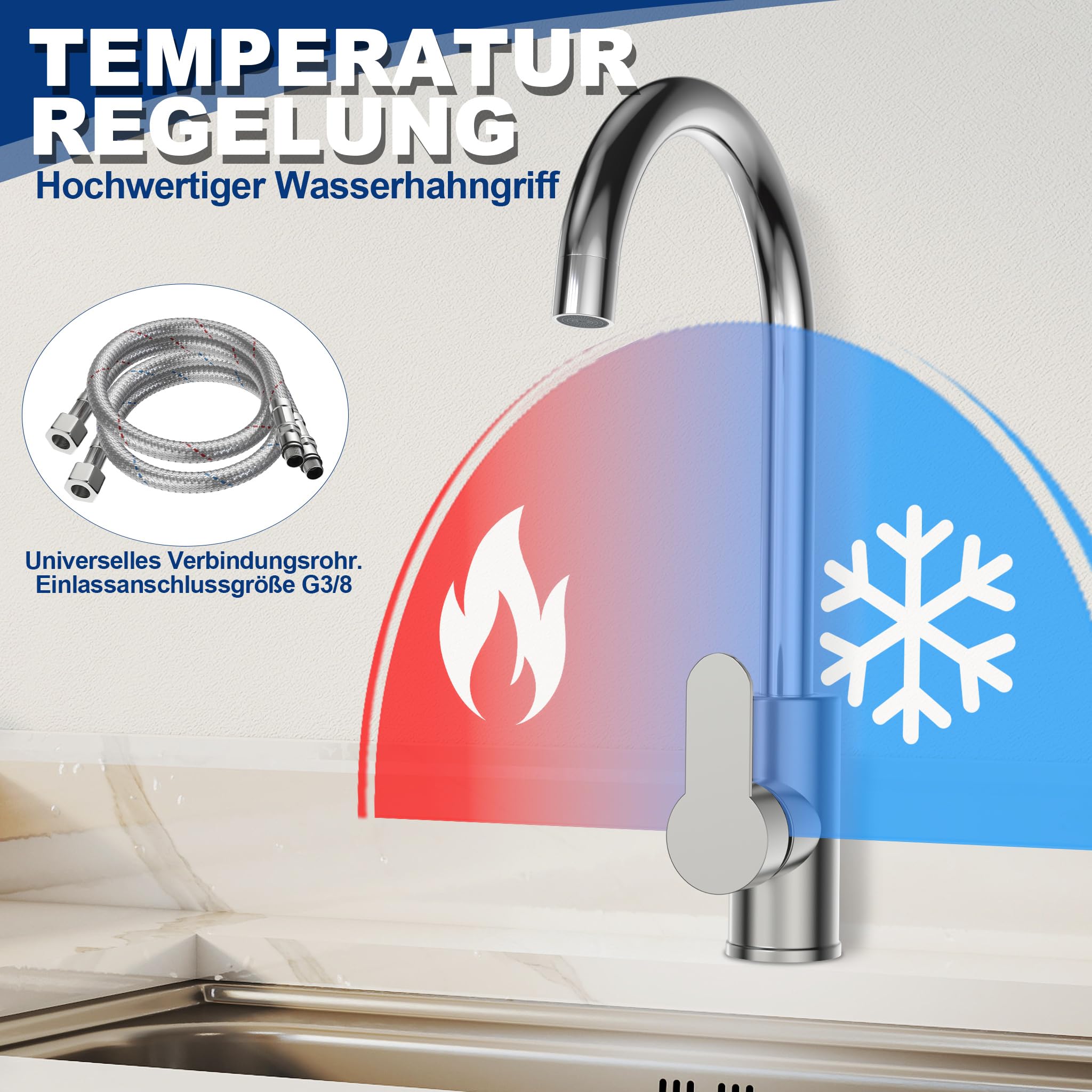 LZQ Wasserhahn Küche 360° drehbar, Armatur Küche aus Zinklegierung und Edelstahl, Hochdruck Mischbatterie für Spüle, Waschtischarmatur Bad, Küchenarmatur Wasserhahn Kompatibel