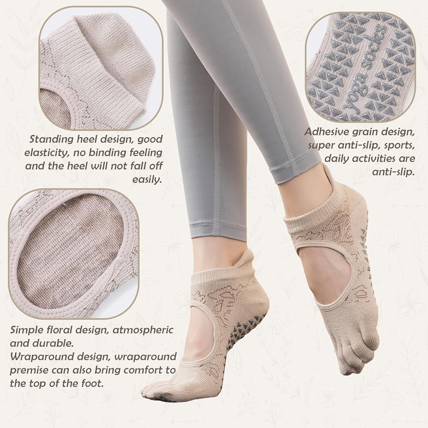 Women's Non-Slip Pilates Yoga Socks, 5-Toe Breathable Cotton Sports Socks, For Pregnant Women, 3 Pairs