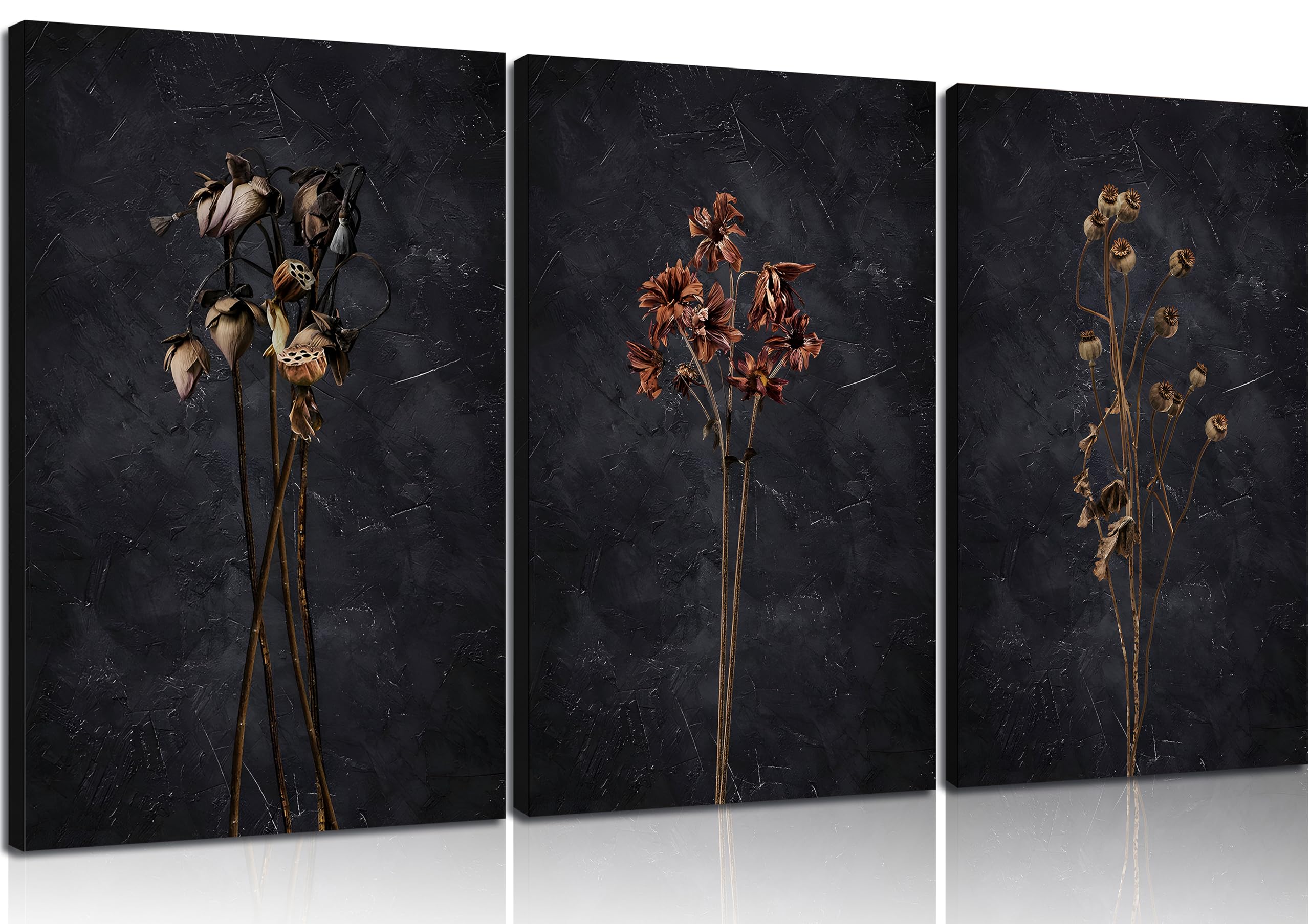 3Pcs Dark Floral Canvas wall art Moody Dried Wildflower Posters Pictures Nature Wilderness Botanical Paintings Abstract Prints for Living Room Bedroom