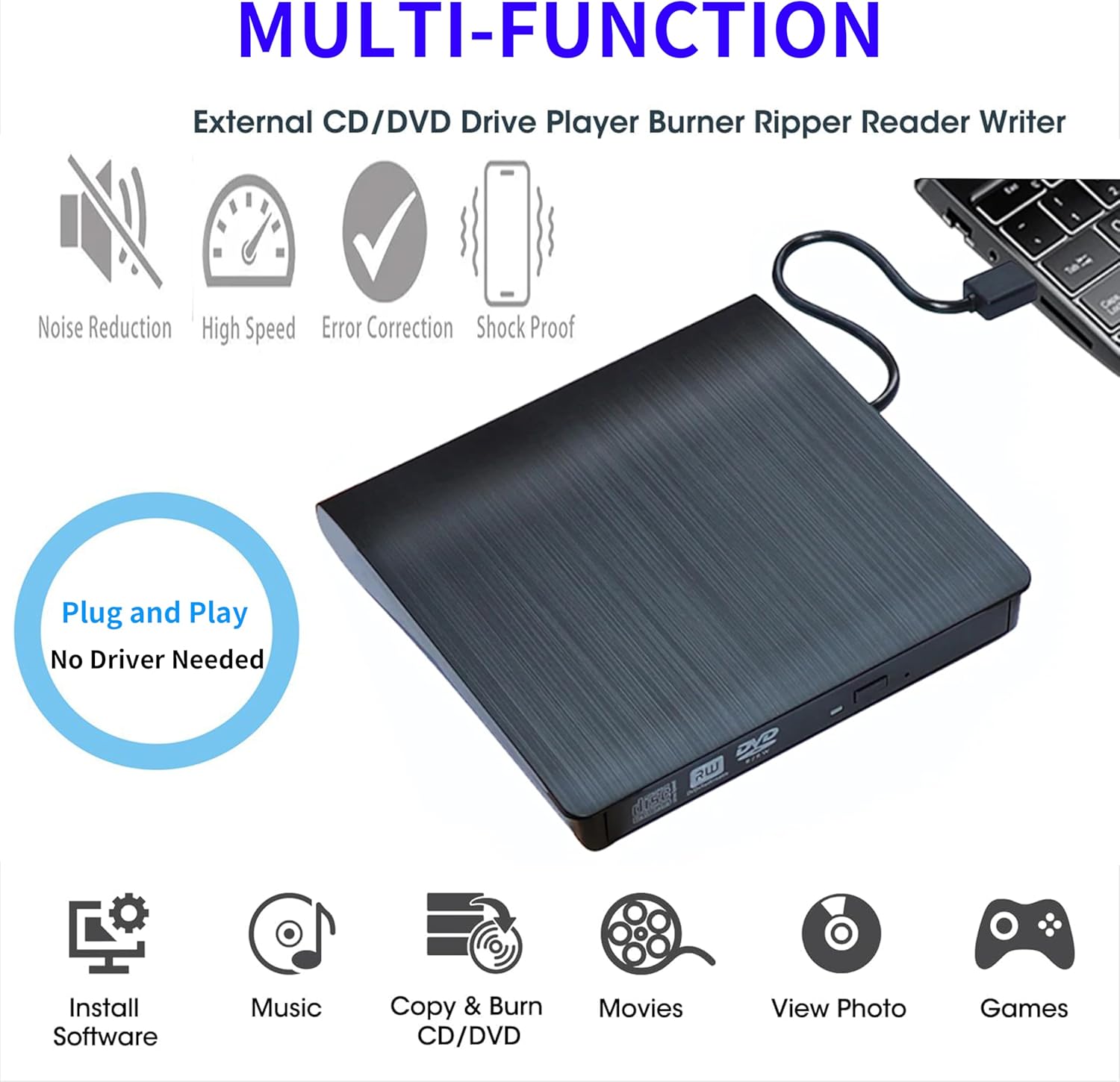 Antika External DVD Drive USB 3.0 TD Burner Portable CD +/-RW Drive DVD Player for ROM Rewriter Burner Compatible with Laptop Desktop PC Windows MacBook Linux Mac OS