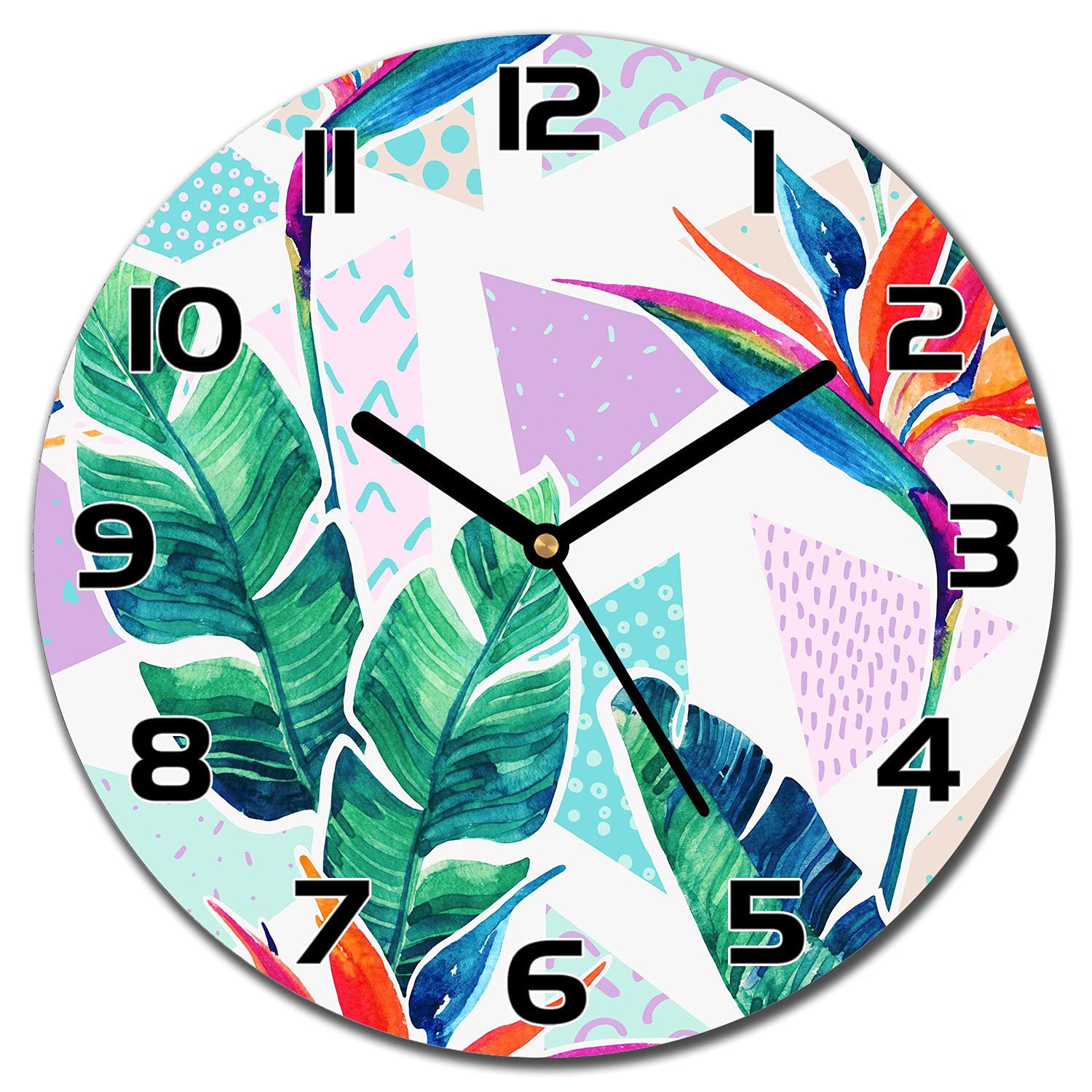 Horloge en verre 30 cm de cuisine aux feuilles géométriques abstraites et aiguilles noires