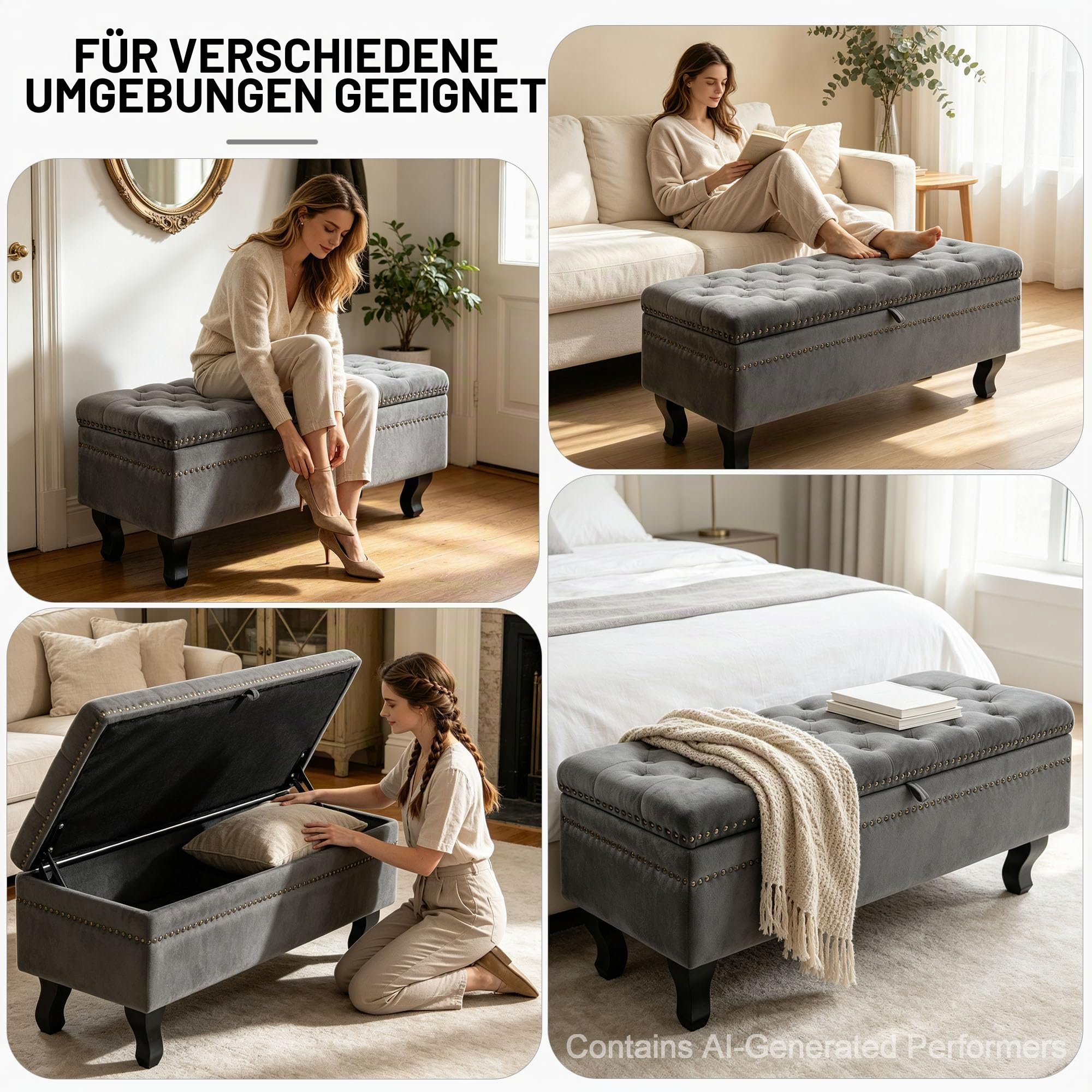 Sitzbank mit Stauraum Samt, Fusshocker Polsterbank mit Deckel, Garderobenbank, 103.5x40.5x45cm, Stauraum Hocker für Wohnzimmer Ankleidezimmer Schlafzimmer Flur (Grau)