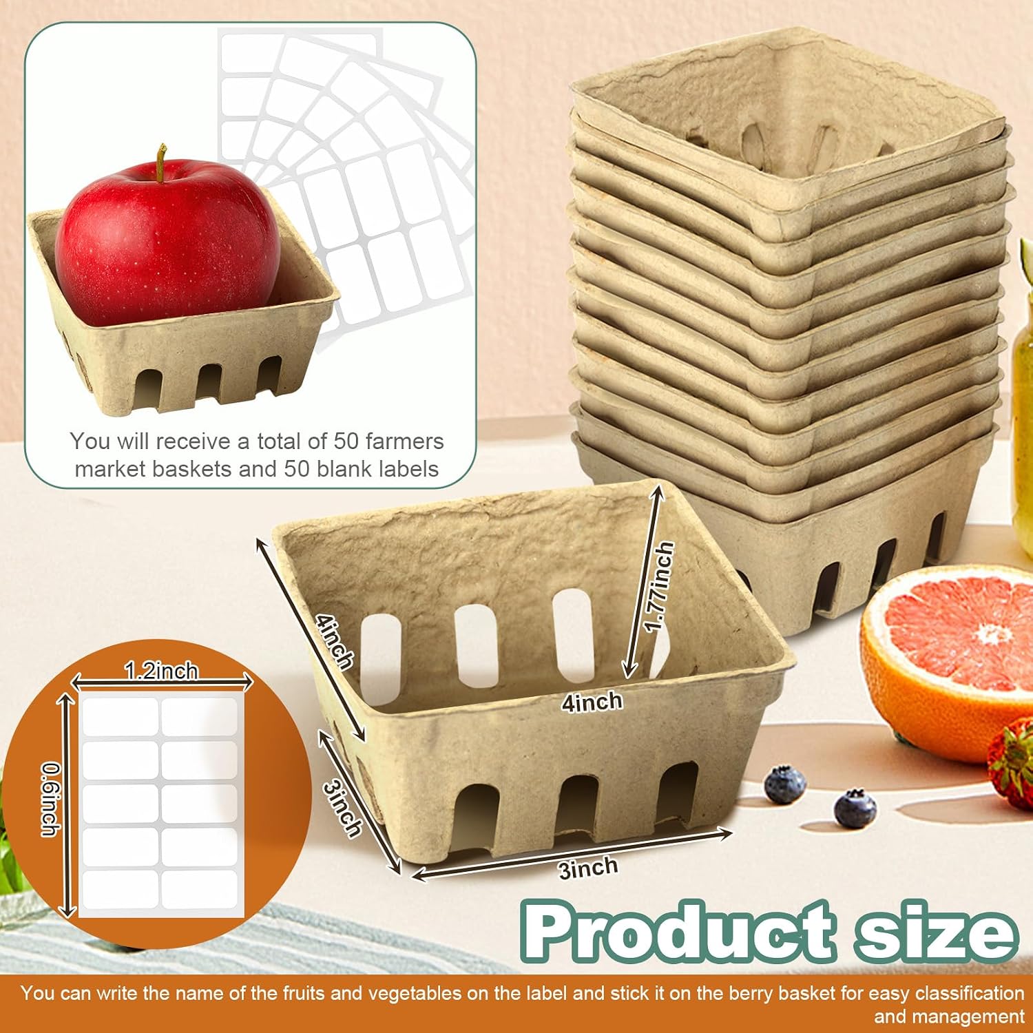 50 Pack Natural Pulp Fiber Berry Baskets with Blank Label for Vegetables Strawberry Blueberry Raspberry Egg, Farmer Market Produce Basket Containers Grocery Store Supplies Fruit Stand Supplies