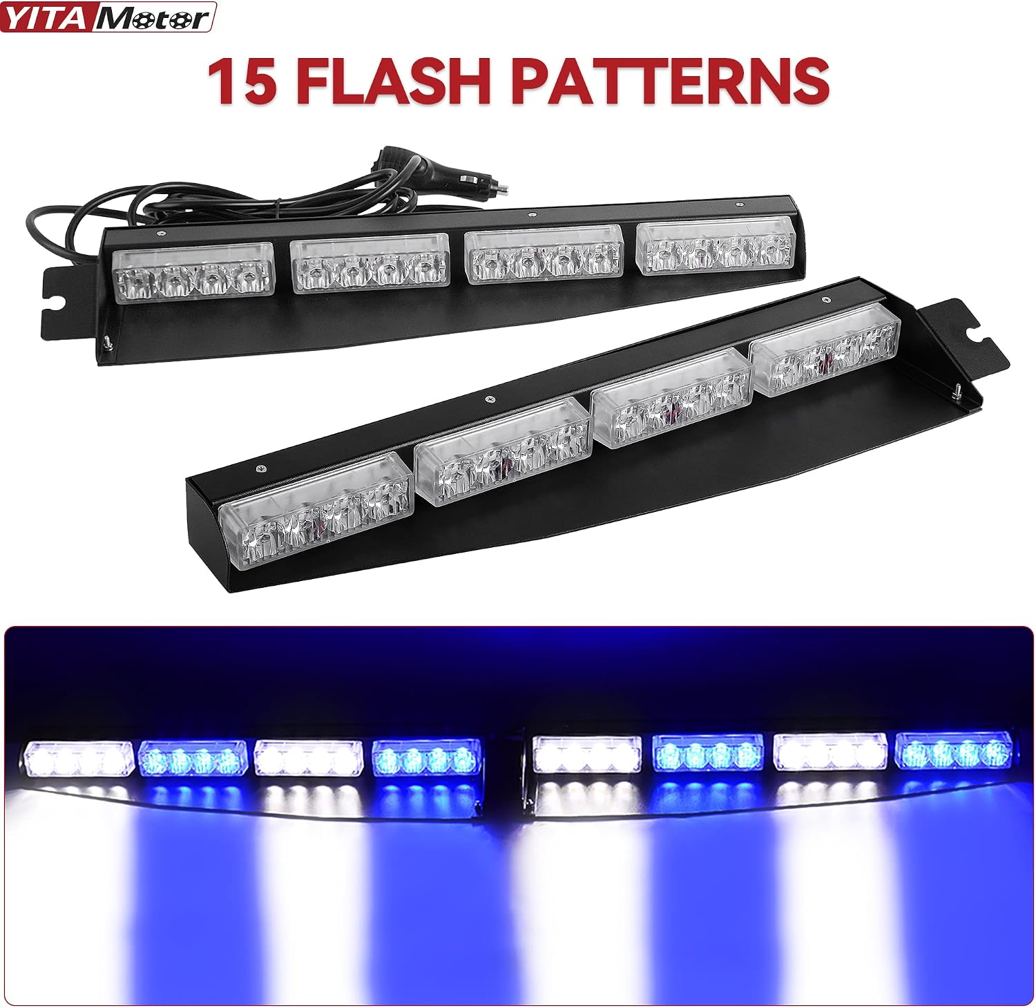 YITAMOTOR Blue White Emergency Visor Light, 2-16 LED Windshield Dash Emergency Police Light, Warning Hazard Interior Flashing Split LED Visor Strobe Lights for Firefighters Vehicles Trucks (18 Inch)