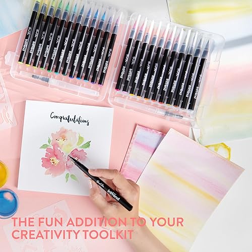 Miniatura 2 de int!rend Juego de bolígrafos de pincel con 51 partes 24 lápices de acuarela, 2 lápices de agua, 20 hojas, 5 plantillas, bolígrafos de pincel para