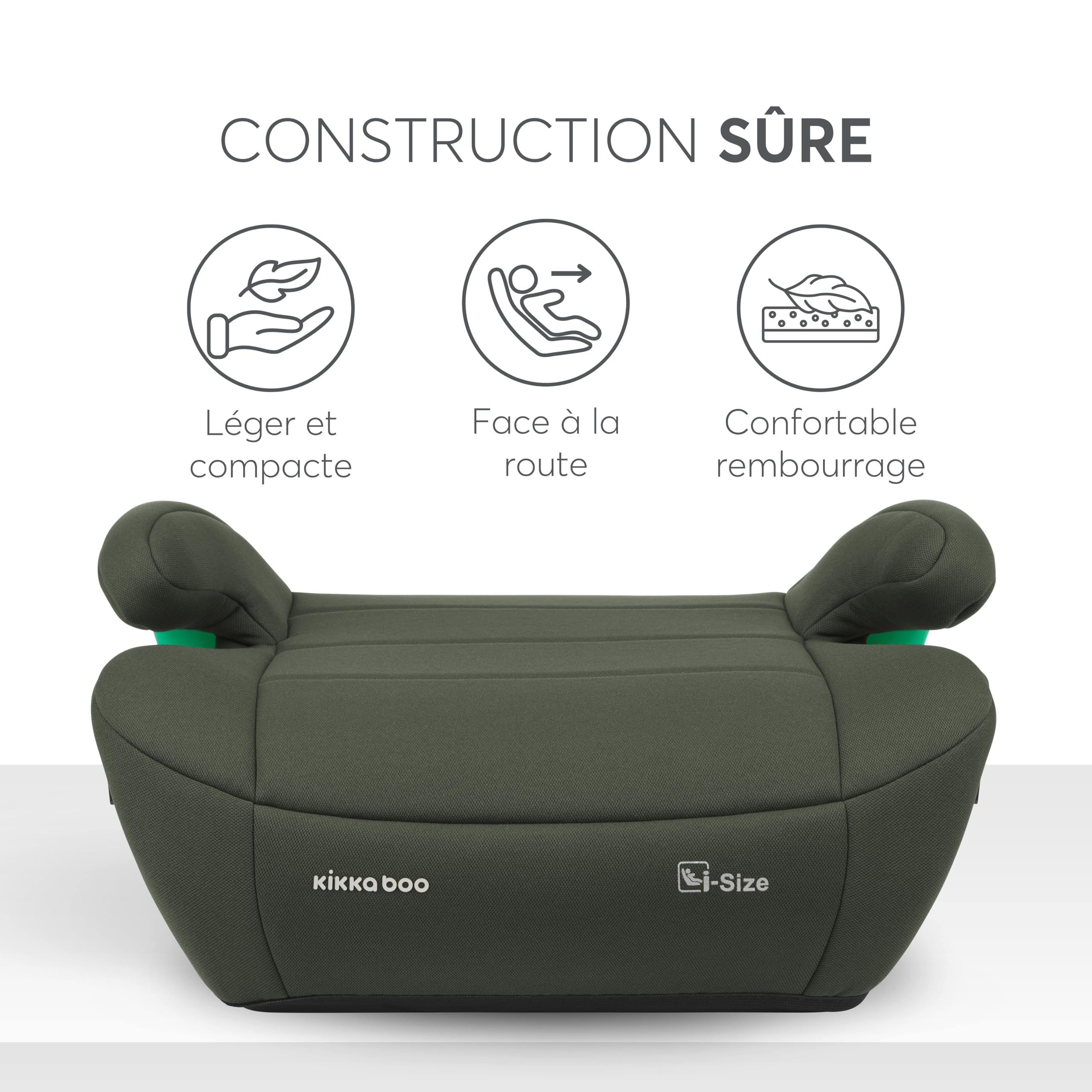 KikkaBoo Rehausseur Voiture Enfant ISOFIX i-POP, i-Size 125-150 cm, Groupe 3, 7-12 Ans, 22-36 kg, Siège Auto, Vert Militaire