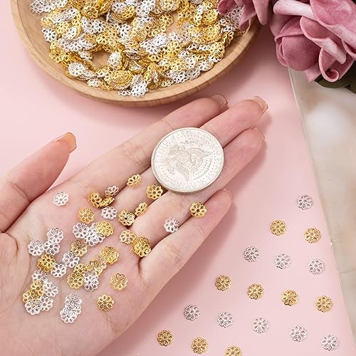 Miniatura 6 de ANCIRS 2000 cuentas espaciadoras de 0.276 in para hacer joyas, tapas de cuentas de flores de acero inoxidable para collar de pulsera, dorado y