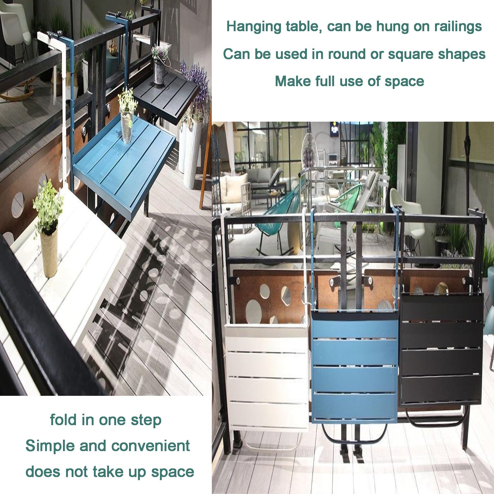 Mesa Plegable para barandilla de balcón, Mesa Auxiliar Colgante de Metal Que Ahorra Espacio para Interiores/Exteriores, Mesa de Bar Azul para balcón y Patio, Mesa compacta para barandilla.