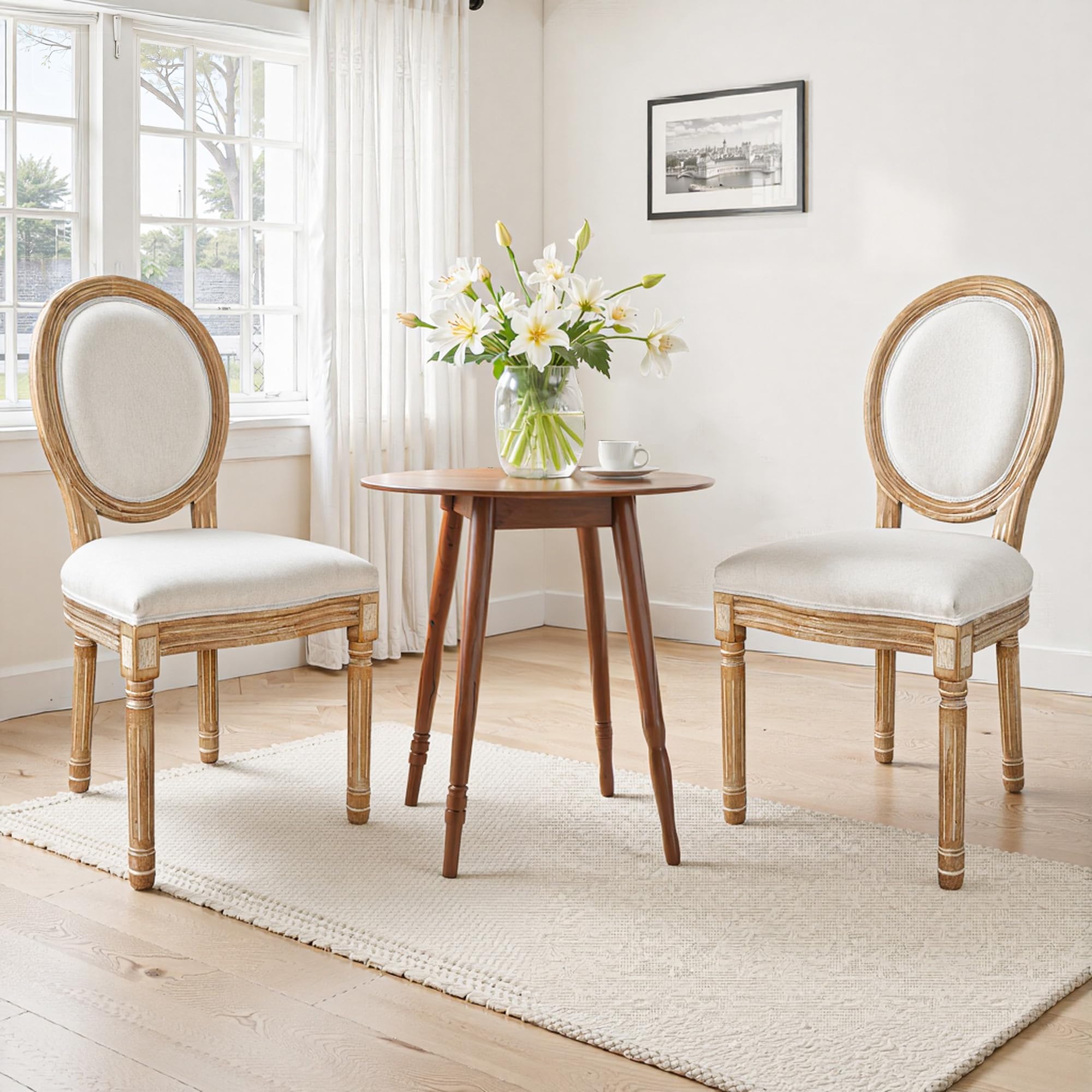 BonVache Set di 2 sedie da cucina in stile retrò, con schienale ovale classico, effetto lino e legno massiccio, spesse imbottite, per sala da pranzo, studio, soggiorno, bianco gesso