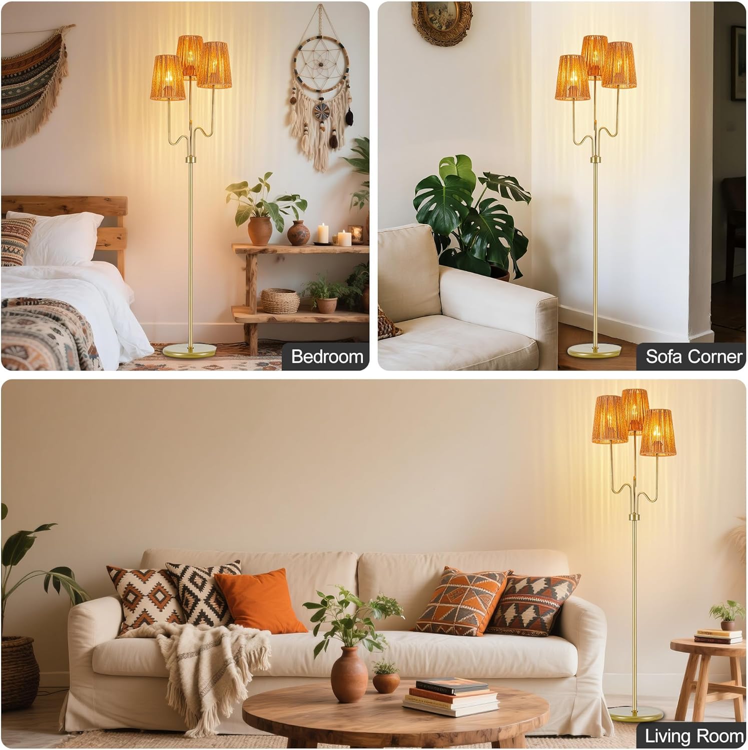 MAYNA 68" Boho Rattan Floor Lamp, 3-Light Gold Tree Floor Lamp with Hand-Woven Wicker Shades, Tall Standing Lamp with Foot Switch for Living Room, Bedroom, Nursery, Rustic Coastal Decor
