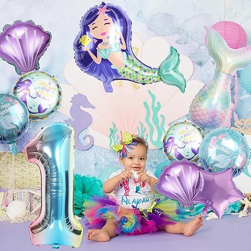 Miniatura 6 de Decoraciones de sirena para primer cumpleaños, decoración de primer cumpleaños de sirena para niño de 1 año con cola de sirena, globo de concha de