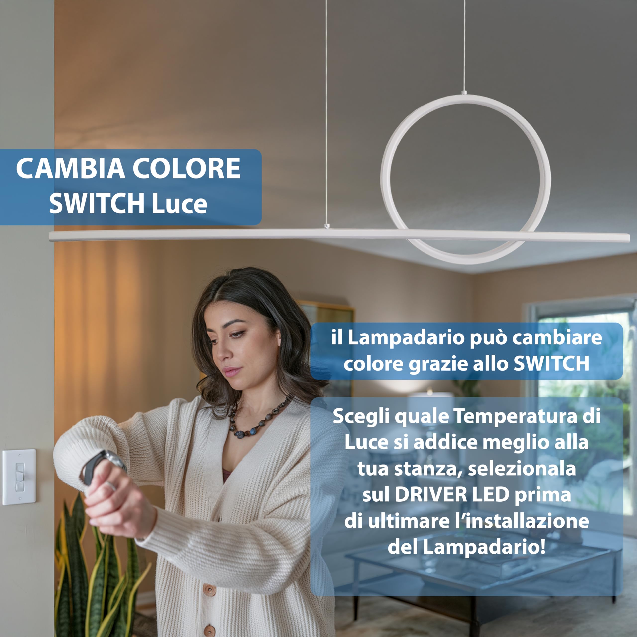 MAKA Lampadario a Sospensione LED Soggiorno, Lampada Cambio Temperatura Luce Calda-Naturale-Fredda, Design Forme Geometriche, 48 Watt 5280 Lumen, 220 Volt, Lampadario Camera da Letto (Cerchio)