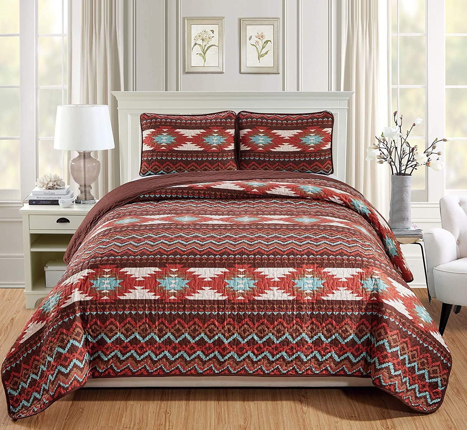 Southwest Quilted Bedspread Set with Southwestern Native American Patterns and Rustic Colors of Burnt Orange Rust Turquoise and Brown Colors (Utah Brown, King/Cal-King)