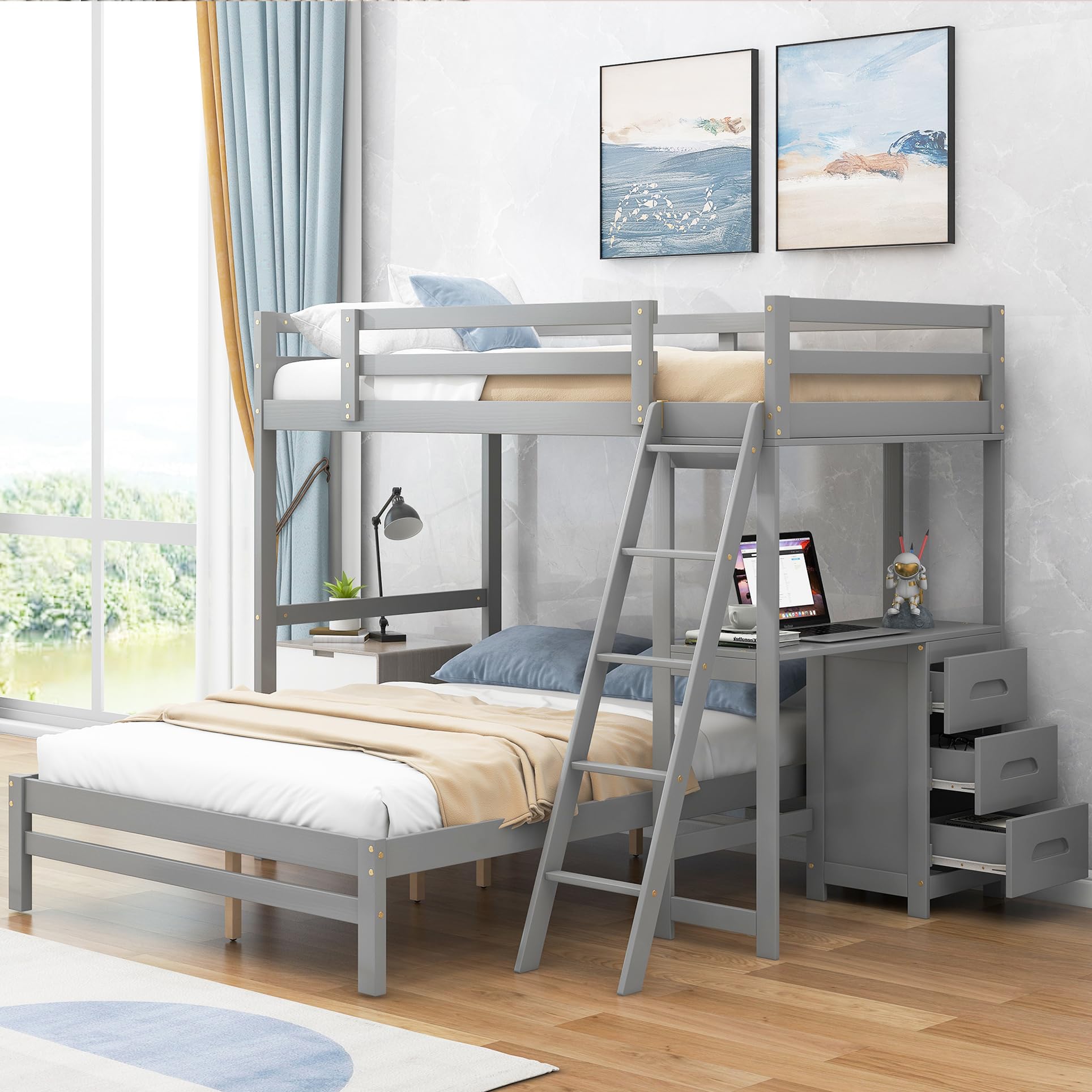 Bellemave Twin Over Full Bunk Bed with Desk and 3 Storage Drawers, Solid Wood Bunk Bed Frame for Kids Teens Adults - Gray