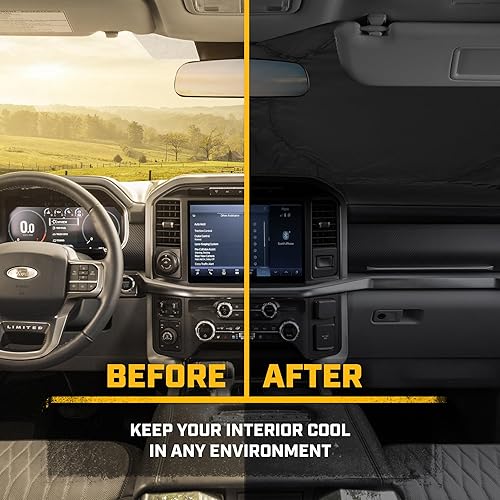 Miniatura 6 de Cat Parasol para parabrisas de automóvilcamión, parasol reflectante UV, color negro con rieles de neumáticos amarillos, tamaño jumbo 64 x 32 pulgadas