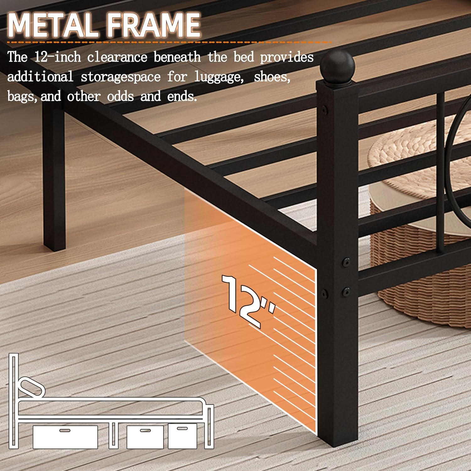 Twin Bed Frame with Headboard,Heavy Duty Steel Slats Support Mattress Foundation-Under Bed Storage, No Box Spring Needed, Noise Free