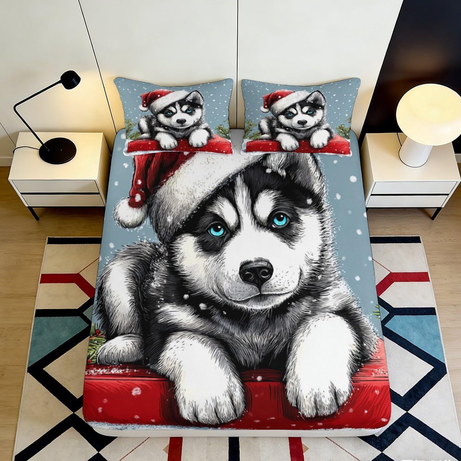 Pnayamiorkfel Style-7 3D Printed Husky Christmas Fitted Sheet Microfiber Soft Blue Animal Santa Bed Cover For Bedroom Dorm Mattress Decor 90X200x25cm