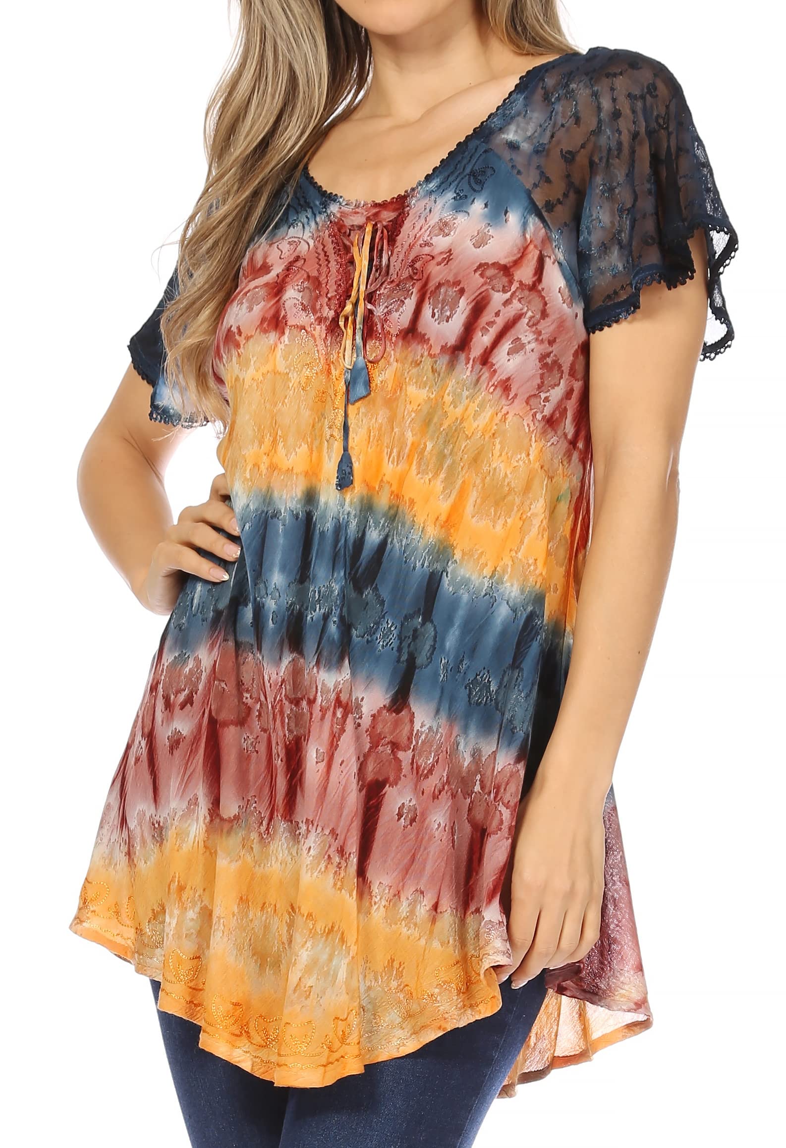 Sakkas Monet Long Tall Tie Dye Ombre Casquette brodée à Manches Blouse Shirt Top