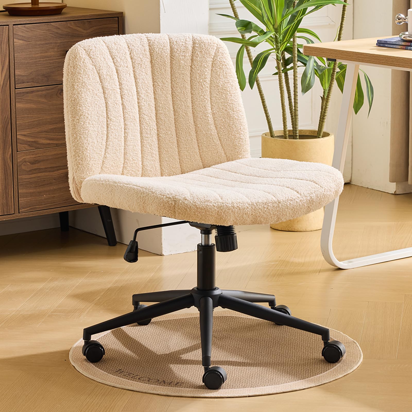 Bonnlo Criss Cross Legged Thick Padded Armless Comfy Office Desk Chair with Dual-Purpose Base,Adjustable Swivel Modern Vanity Chair,Rolling for Home Office, Computer,Task,Makeup, Teddy Fleece, Khaki