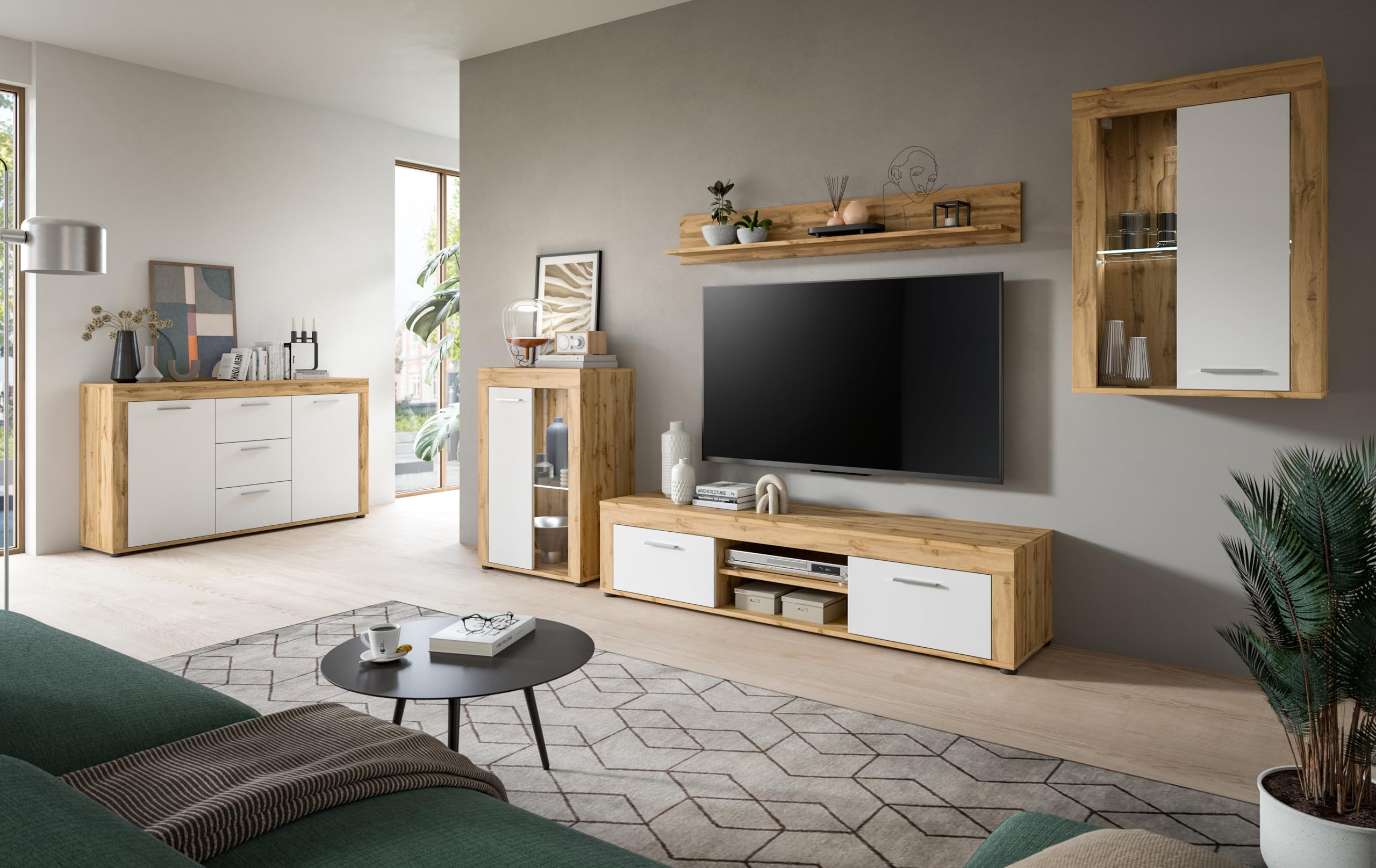 xonox.home Wohnen Jam X8BK6T40 - Vitrina de Cristal (melamina, melamina, Roble Wotan, 600 x 86 x 35 cm), Color Blanco