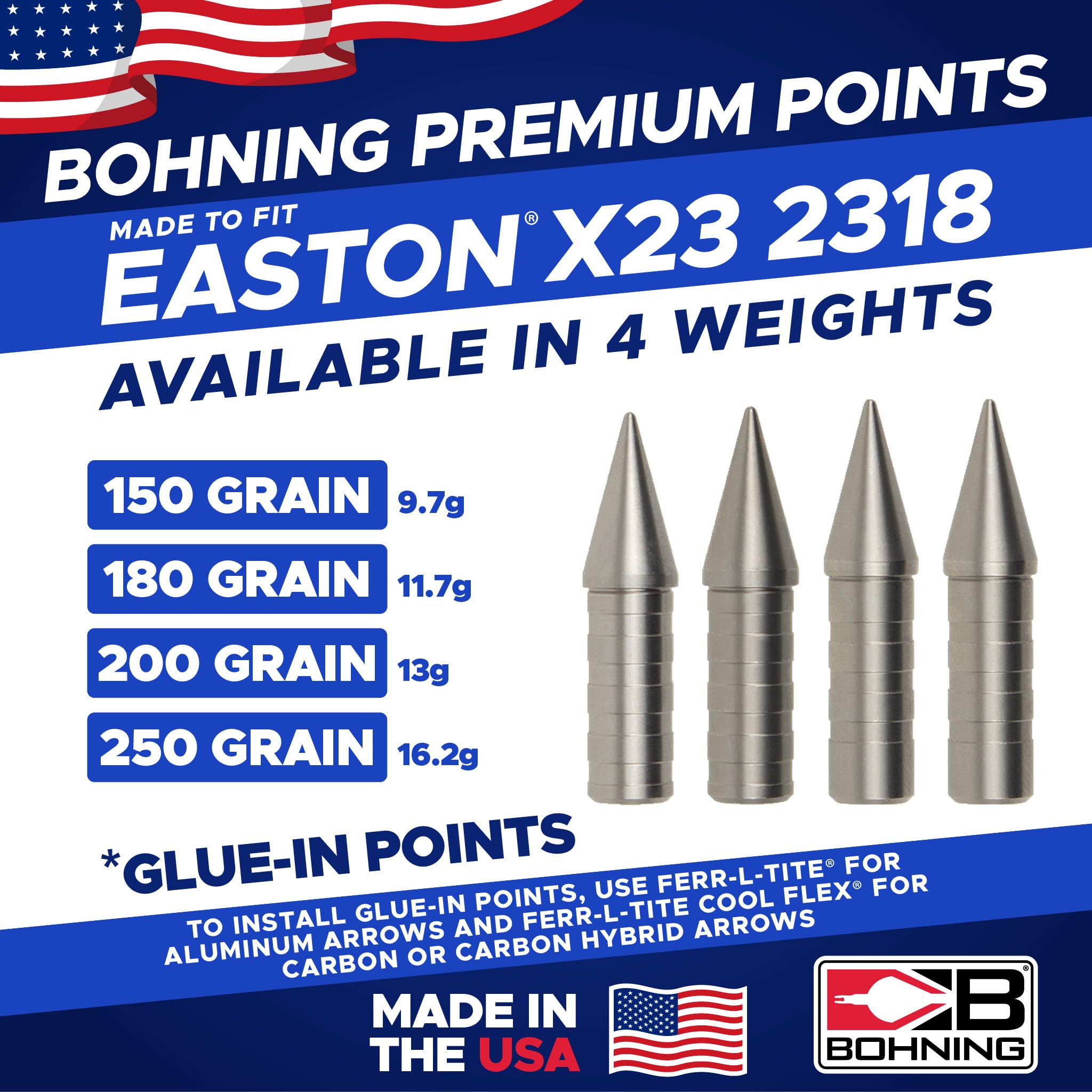 Bohning Match Grade Glue-in Points for Easton® X23-2318, 150 Grain, 12pk