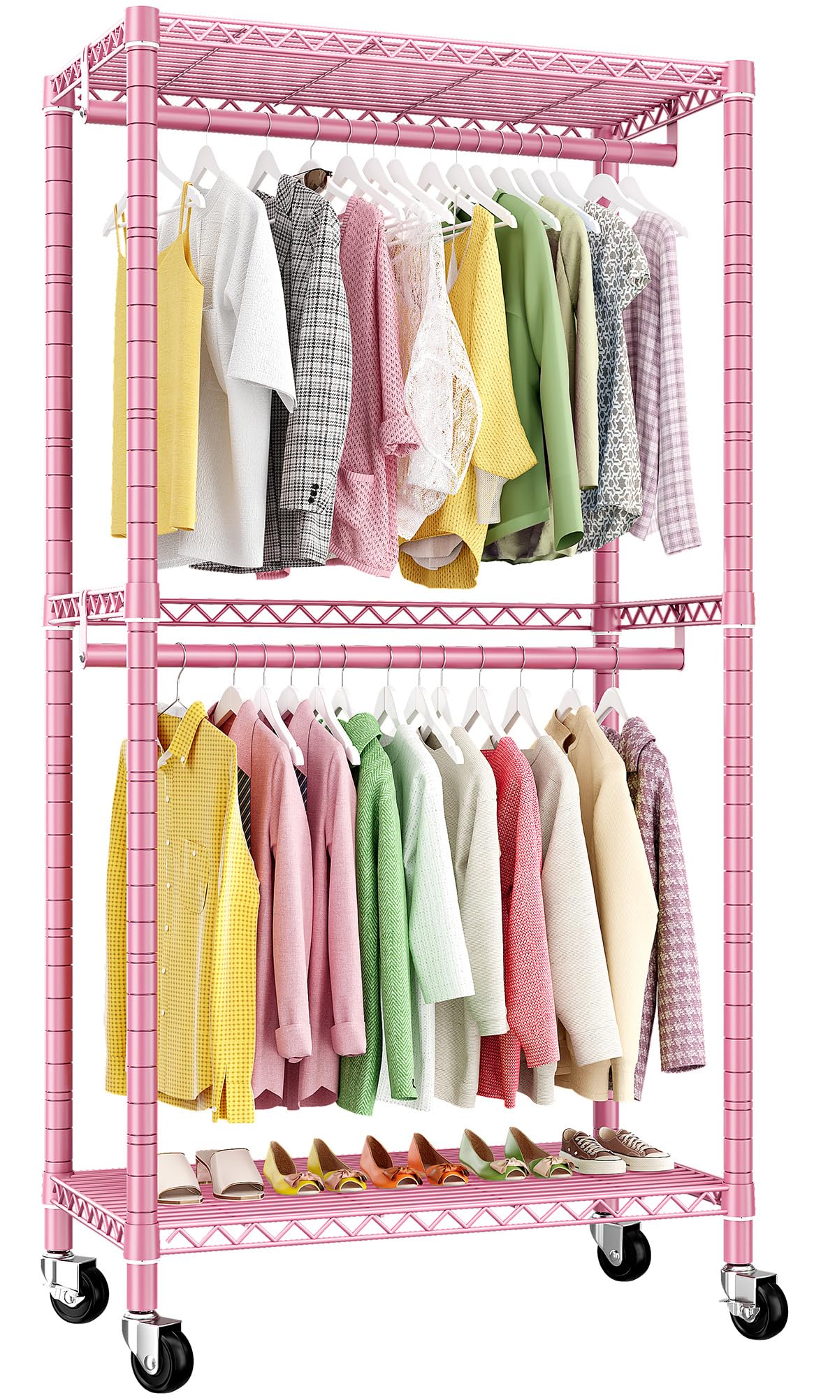 Raybee Heavy Duty Clothes Rack,Clothing Rack with Wheels,Rolling Clothes Rack for Hanging Clothes,Portable Closet with Wheels Shelves for Bedroom,Closet Storage System Pink
