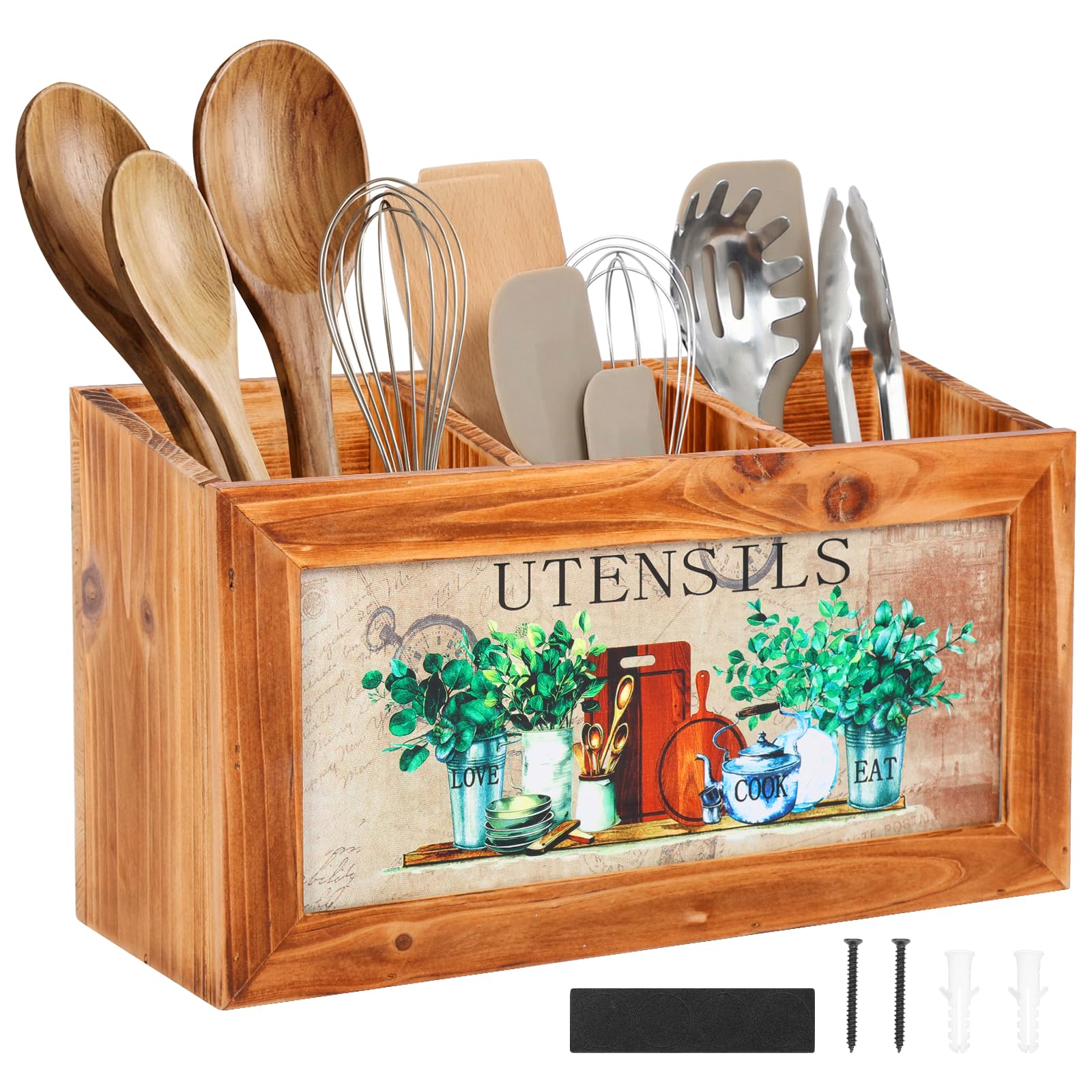 Anihet Kitchen Utensils Holder, Wooden Cooking Utensil Organizer with 3 Compartment and Drainage Bottom, Farmhouse Cutlery Caddy Cooking Tools Storage for Countertop(Brown)