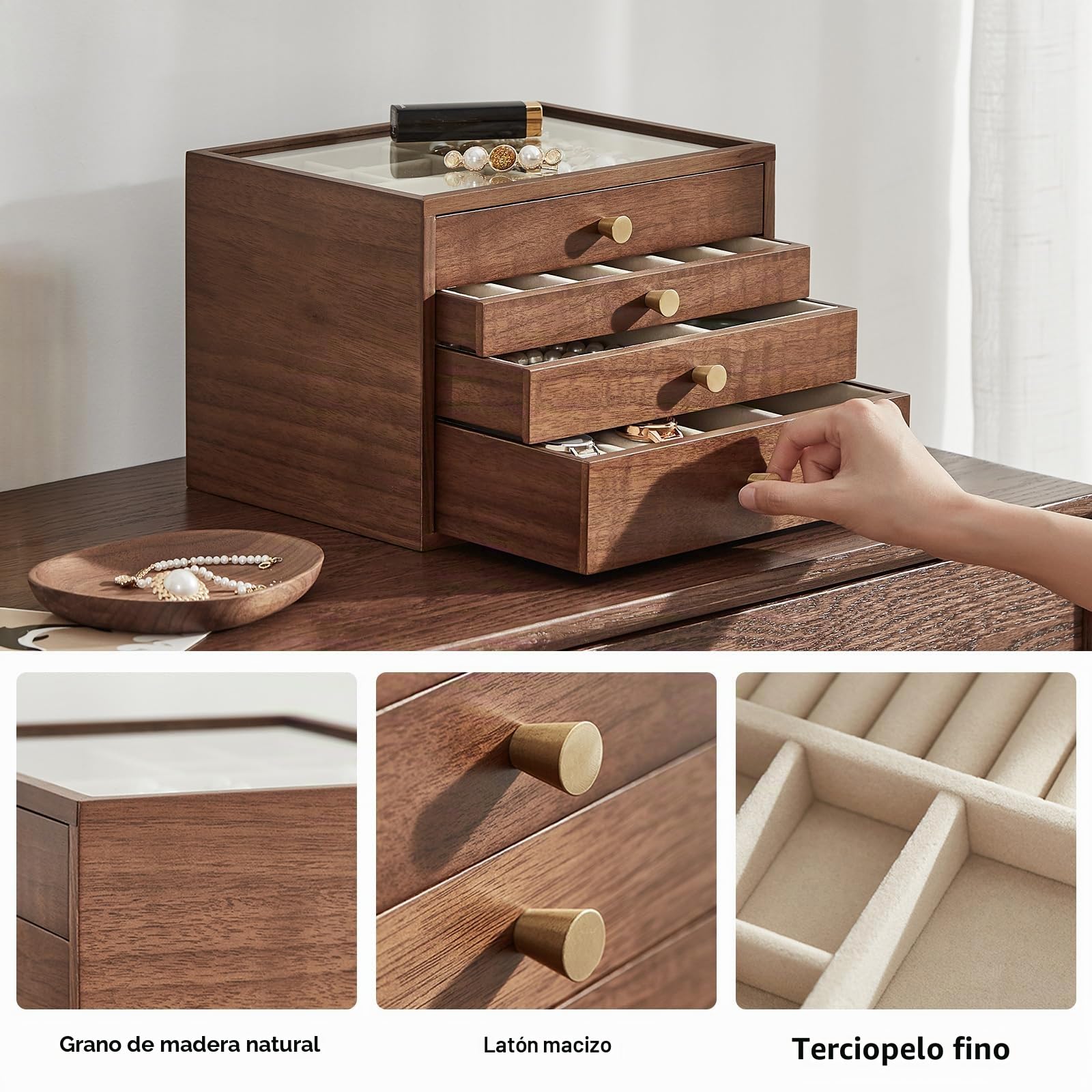 Joyero de madera de nogal negro, organizador grande de 4 cajones con tapa de cristal para guardar collares, relojes, anillos y pendientes, Regalo para Ella