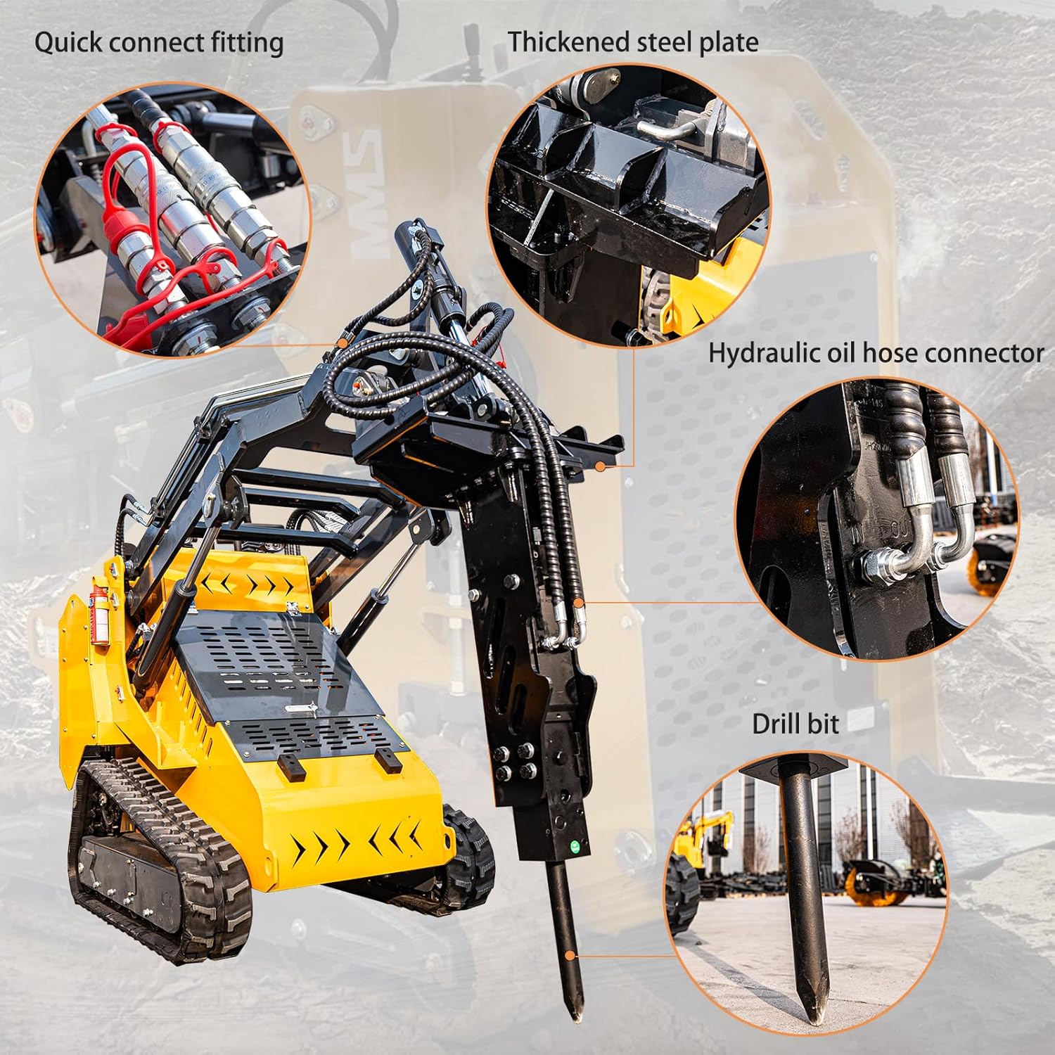 MMS Skid Steer Breaker Hammer Attachments, Hydraulic Breaker Chisels For Small Skid Steer Loader, Ideal for Construction Demolition, Road Maintenance, Landscaping and Rock Excavation