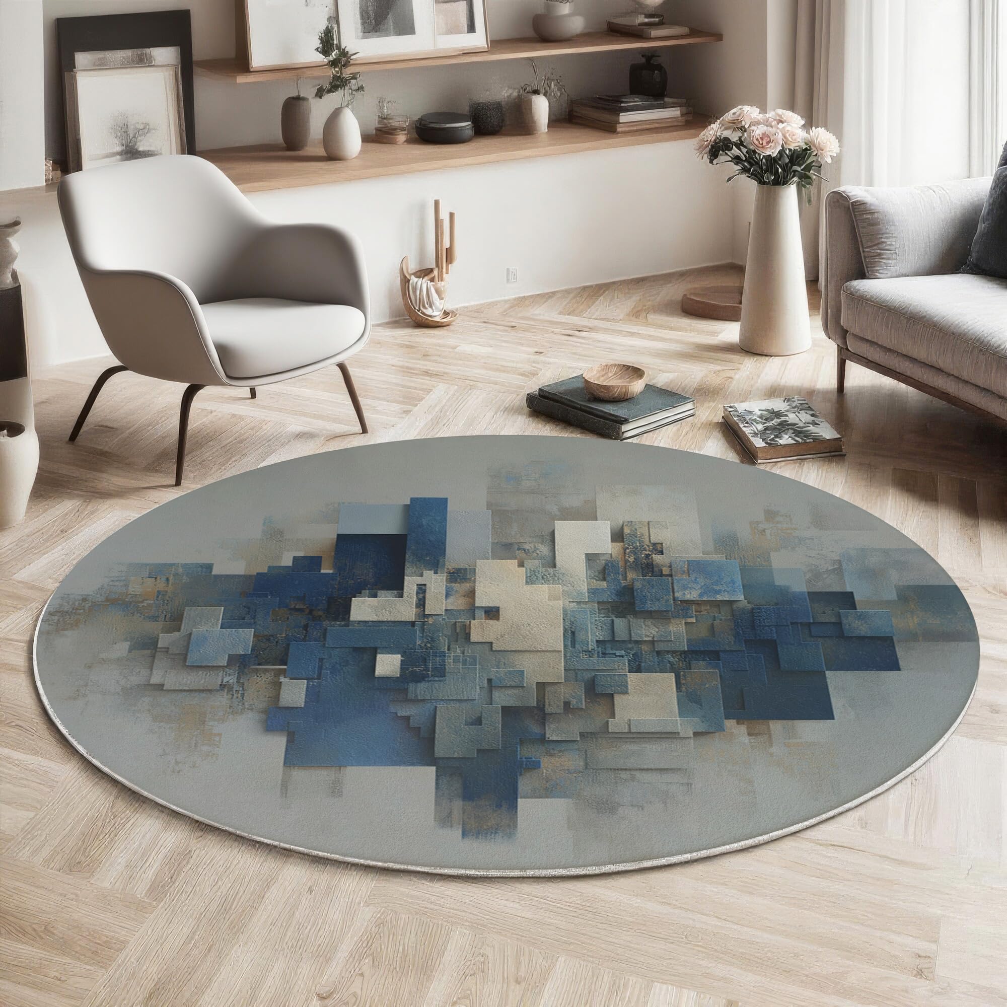 Tapis rond antidérapant bleu foncé lavable pour chambre et salon