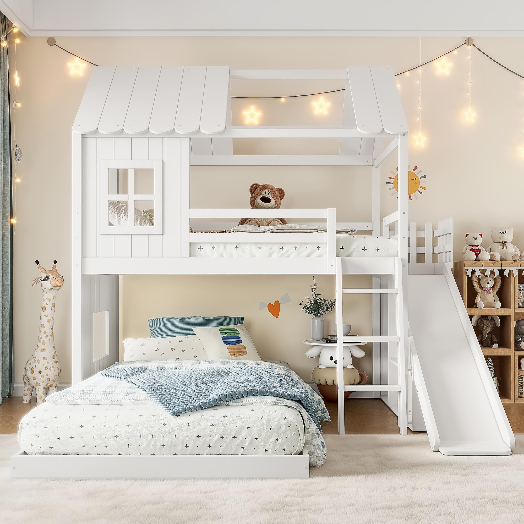 KEIKI Twin over Full Size House-Shaped Wooden Bunk Bed Frame with Storage Shelves & Wardrobe, Playhouse Design Bunk Bed with Ladders & Slides, No Box