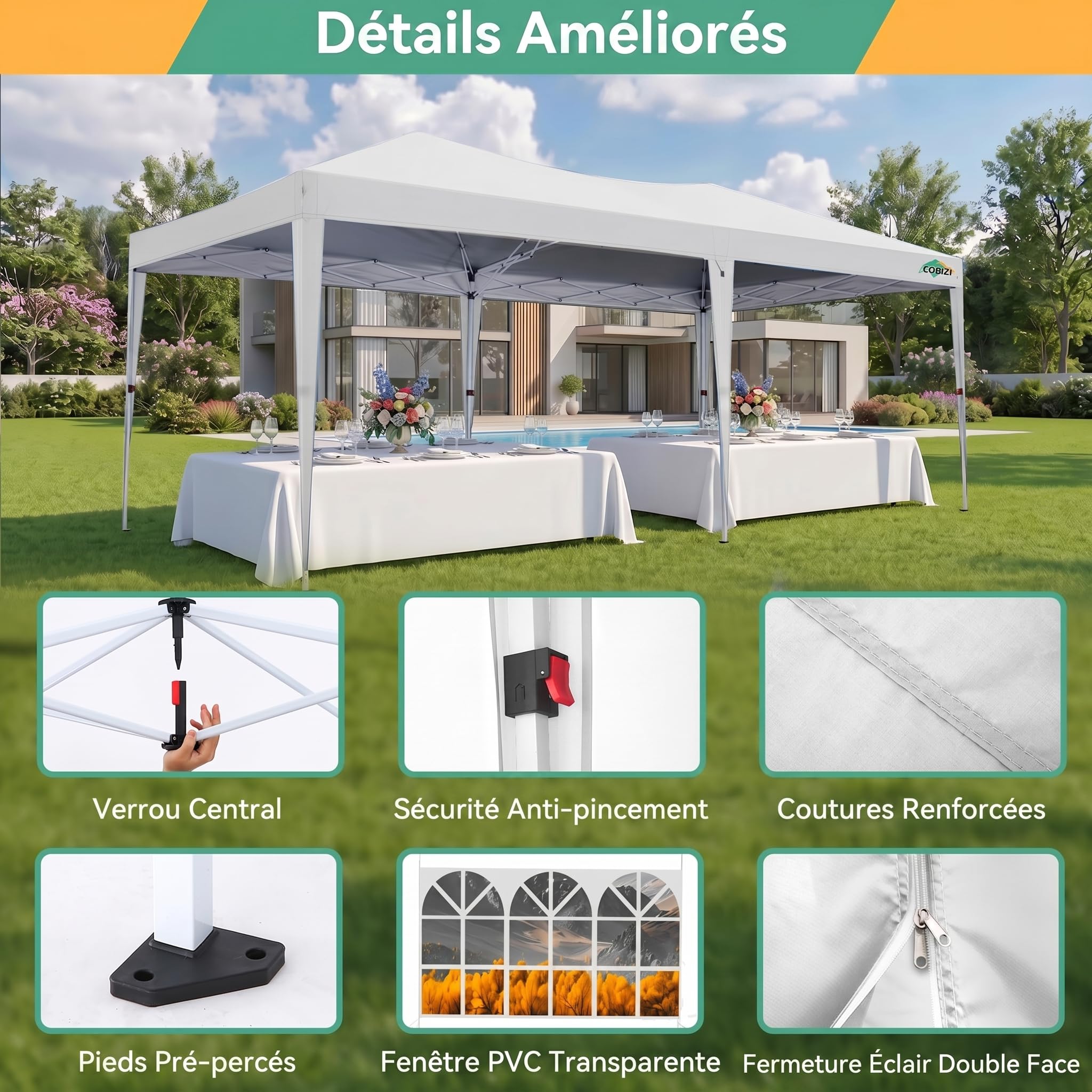 COBIZI Tonnelle Pliante 3x6 Imperméable, Barnum Pliant 3x6m, Pop Up Tente avec 6 Panneaux latéraux, Stable, Protection UV, Hauteur réglable, pour Plage, Mariage, Camping, Blanc