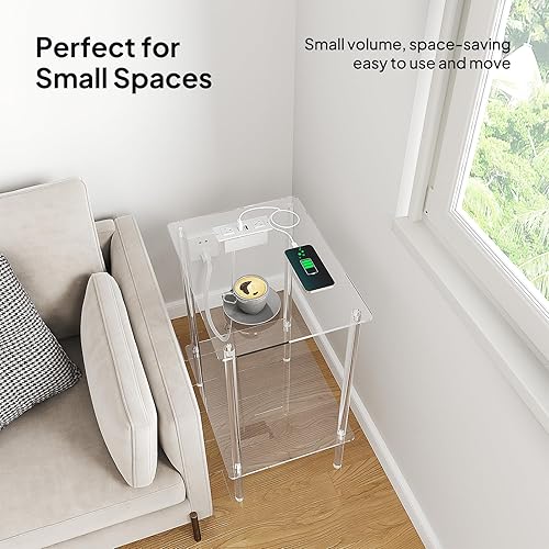 Miniatura 8 de Eglaf Mesa auxiliar de acrílico con estación de carga y puertos USB, mesita de noche pequeña para sala de estar, dormitorio, 15.7 pulgadas de largo