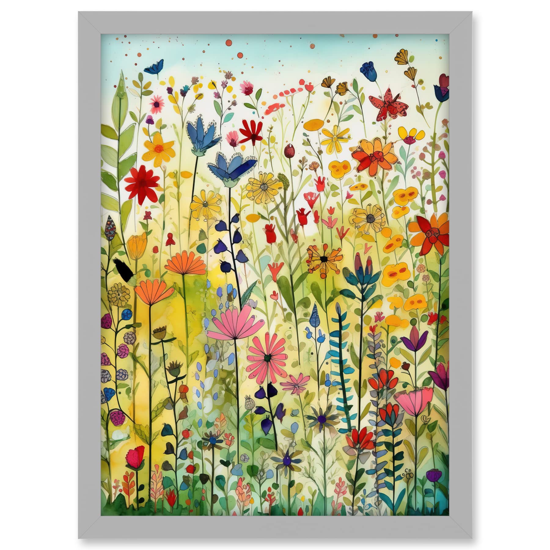 Mixed Wildflower Bloom In Meadow Folk Art Artwork Framed A3 Wall Art Print