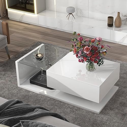 Miniatura 10 de ON-Trend - Mesa de centro moderna y brillante con cajón, mesa central rectangular de 2 niveles con iluminación LED de 16 colores para sala de estar,