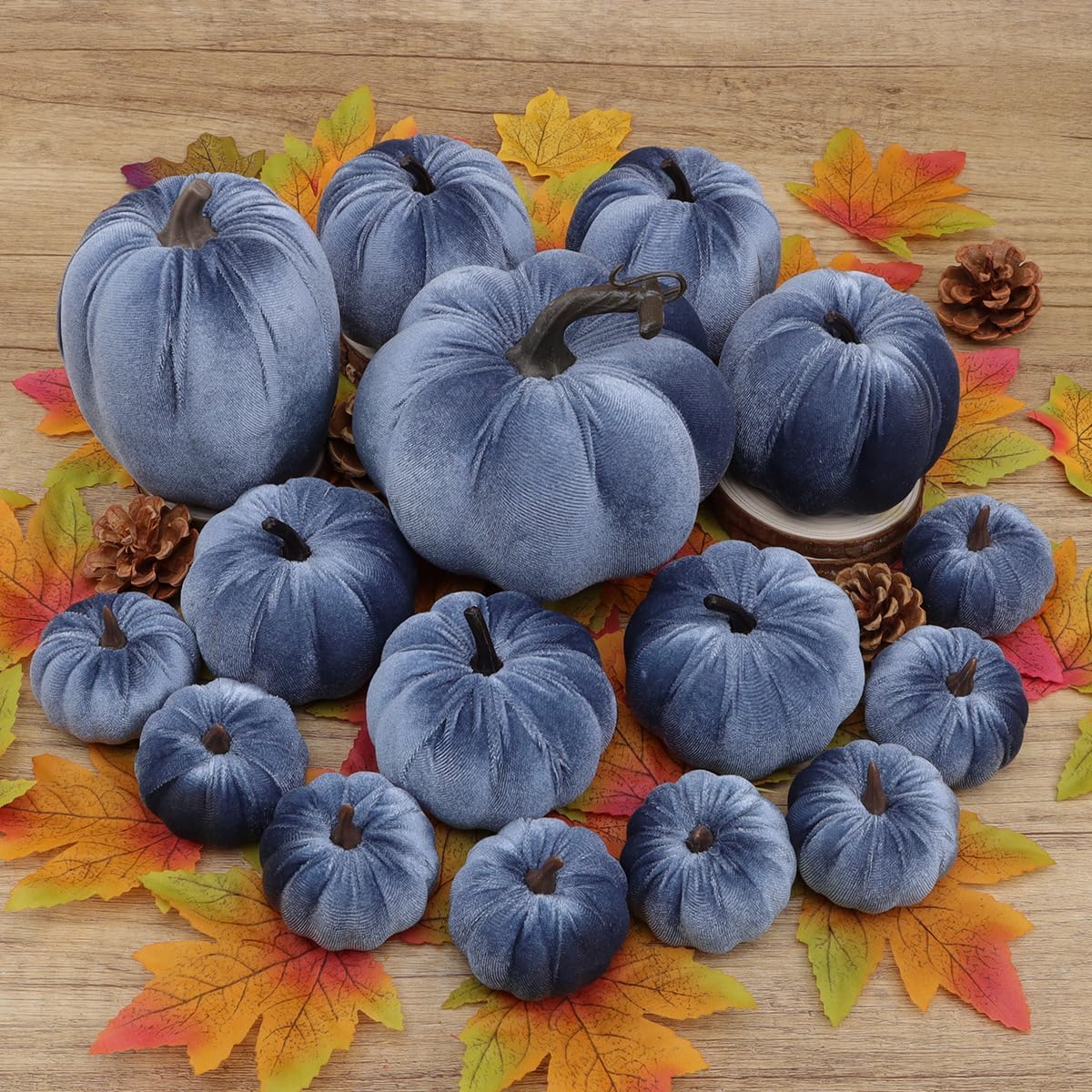 16 Pcs Blue Velvet Pumpkin Fall Decor Artificial Foam Pumpkins Navy Blue Fabric Faux Pumpkin Rustic Harvest Fake Pumpkins Home Decoration Autumn Door Wreath Table Centerpiece