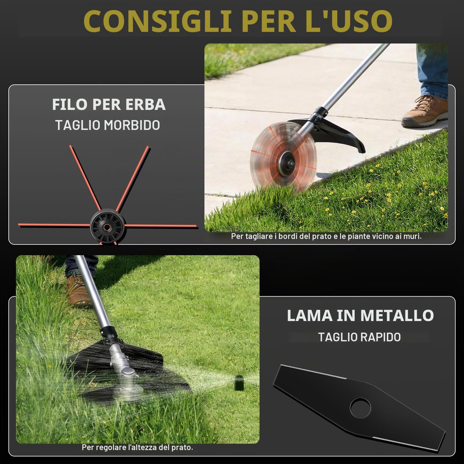 Decespugliatore a batteria da 1380 W con 2 batterie e caricatore, decespugliatore a batteria 7 in 1 con spazzola per erbacce, decespugliatore elettrico senza spazzole con 7 tipi di lame per giardini