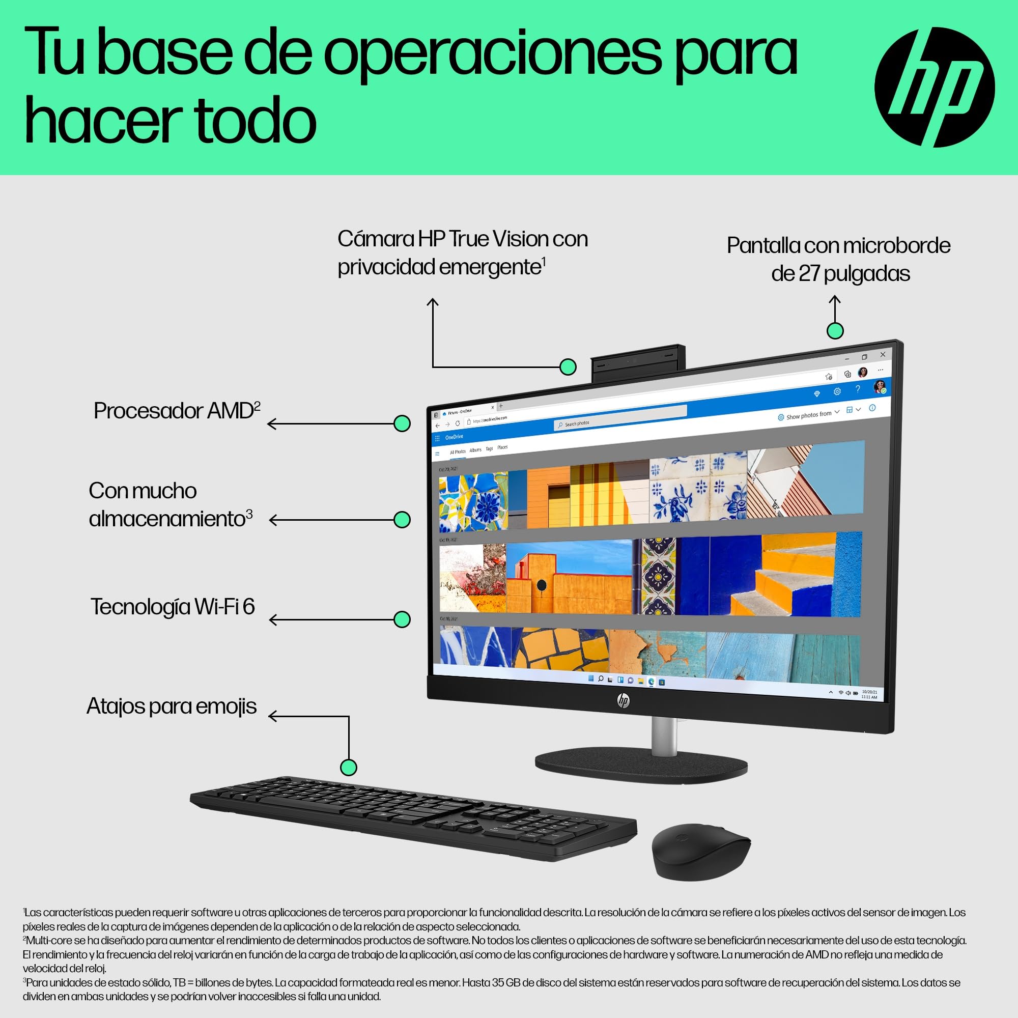 HP All-in-One 27-cr0062ns, PC Todo en Uno 27” FHD, AMD Ryzen 7 7730U, 16GB RAM, 512GB SSD, AMD Radeon Graphics, Cámara HD, Wi-Fi, Teclado y Ratón Inalámbricos, Sin Sistema operativo, QWERTY Español
