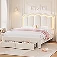 Full Upholstered LED Bed Frame with 2 Storage Drawers and Adjustable Chic Double Wavy Headboard, Velvet Princess Platform Bed with Charing Station, Solid Wood Slats Support,No Box Spring Needed,Beige
