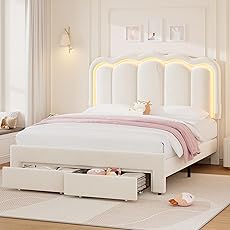 Full Upholstered LED Bed Frame with 2 Storage Drawers and Adjustable Chic Double Wavy Headboard, Velvet Princess Platform Bed with Charing Station, Solid Wood Slats Support,No Box Spring Needed,Beige