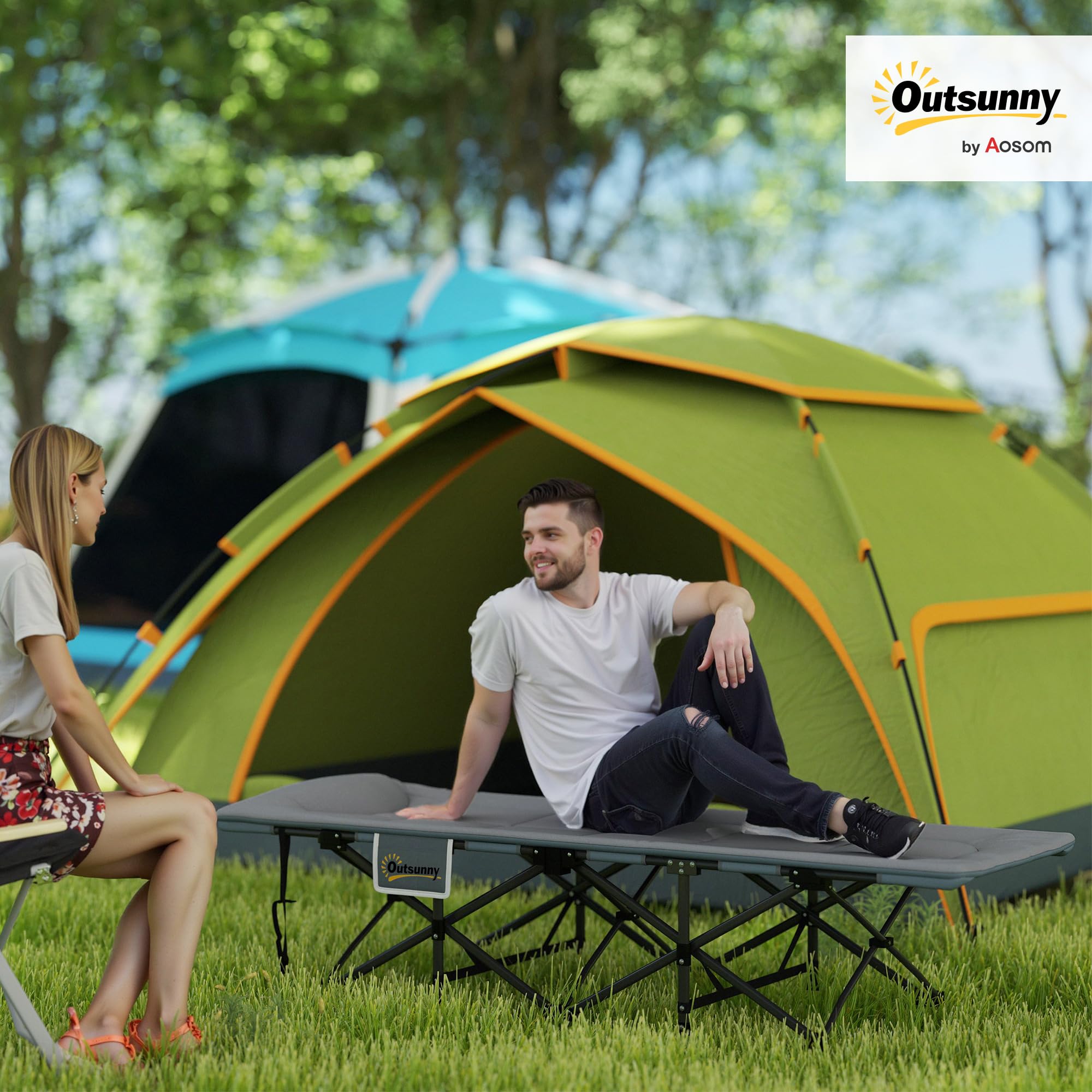 Outsunny Lettino da Campeggio Pieghevole con Cuscino Integrato e Tasca Laterale, Brandina da Campeggio in Metallo e Poliestere, Resistente a 150 kg, 187x67x37 cm, Grigio