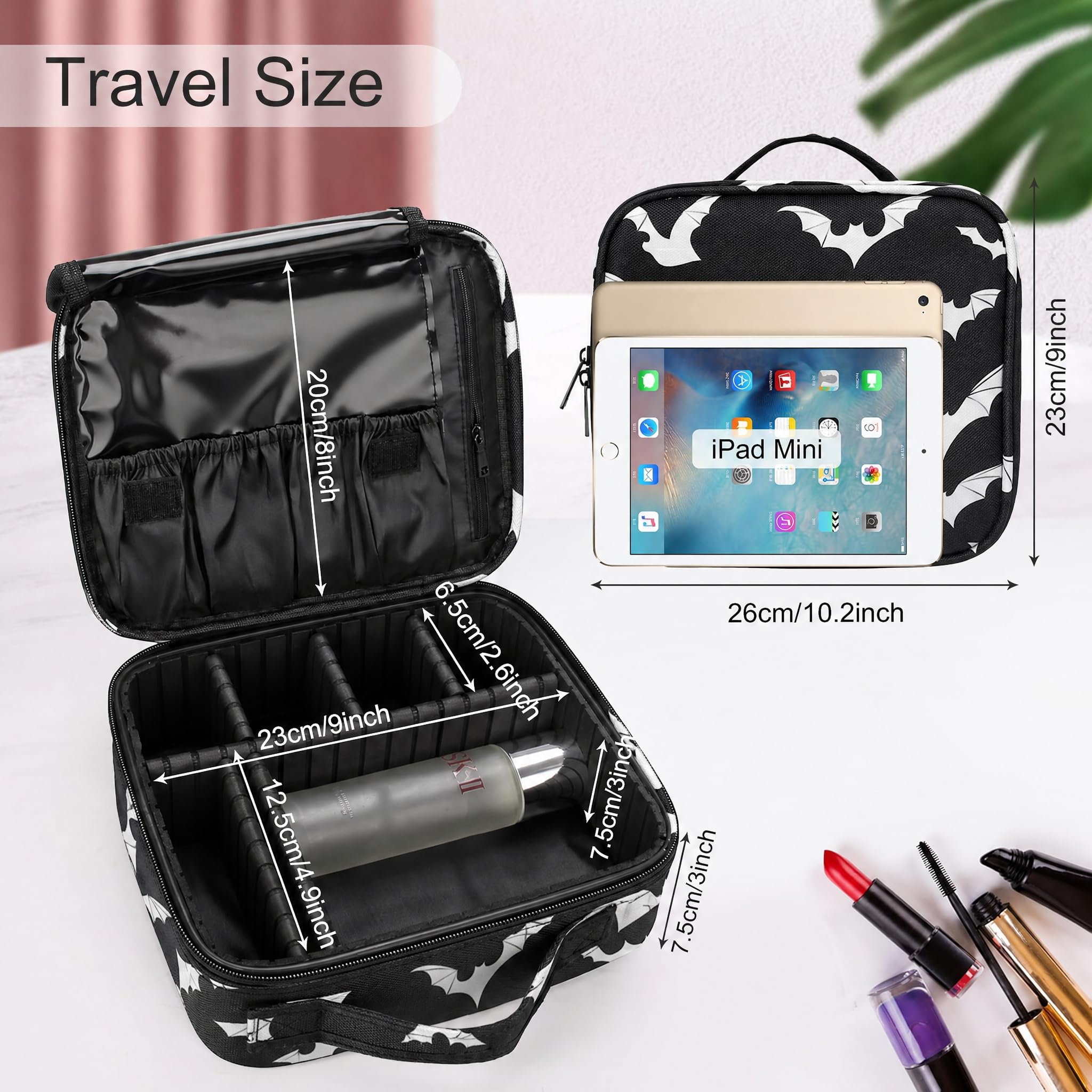 Goth Bats Travel Makeup Bag Organizer with Adjustable Dividers