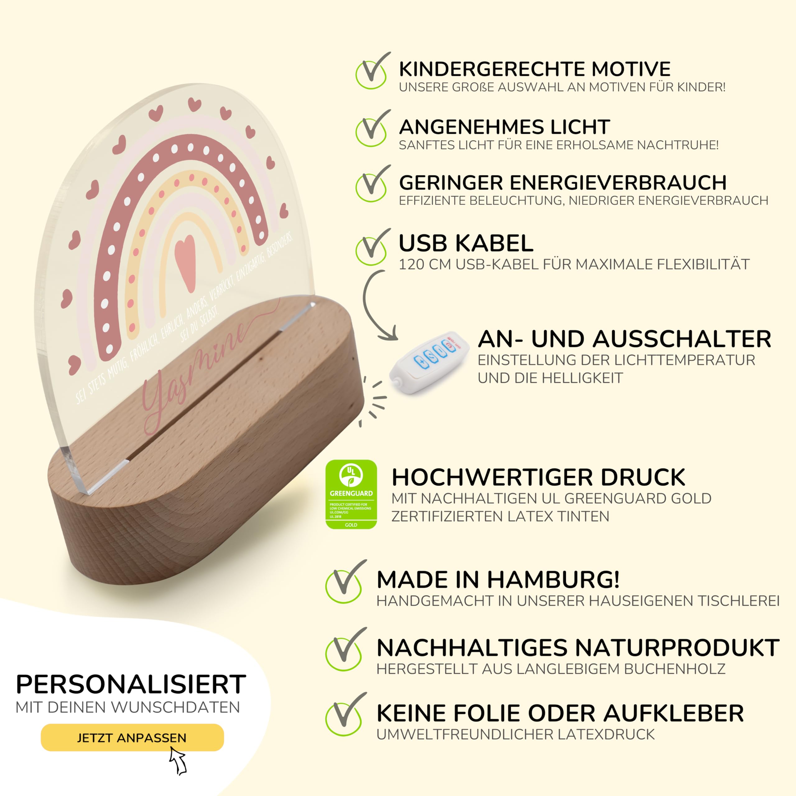 Kidsmood Nachtlicht Baby Holz - Personalisierte Nachttischlampe Kinder mit Namen, LED dimmbar, GREENGUARD - Stilllicht & Babyzimmer Deko, Geschenk Geburt, Taufe Mädchen Jungen [Rosa Regenbogen]