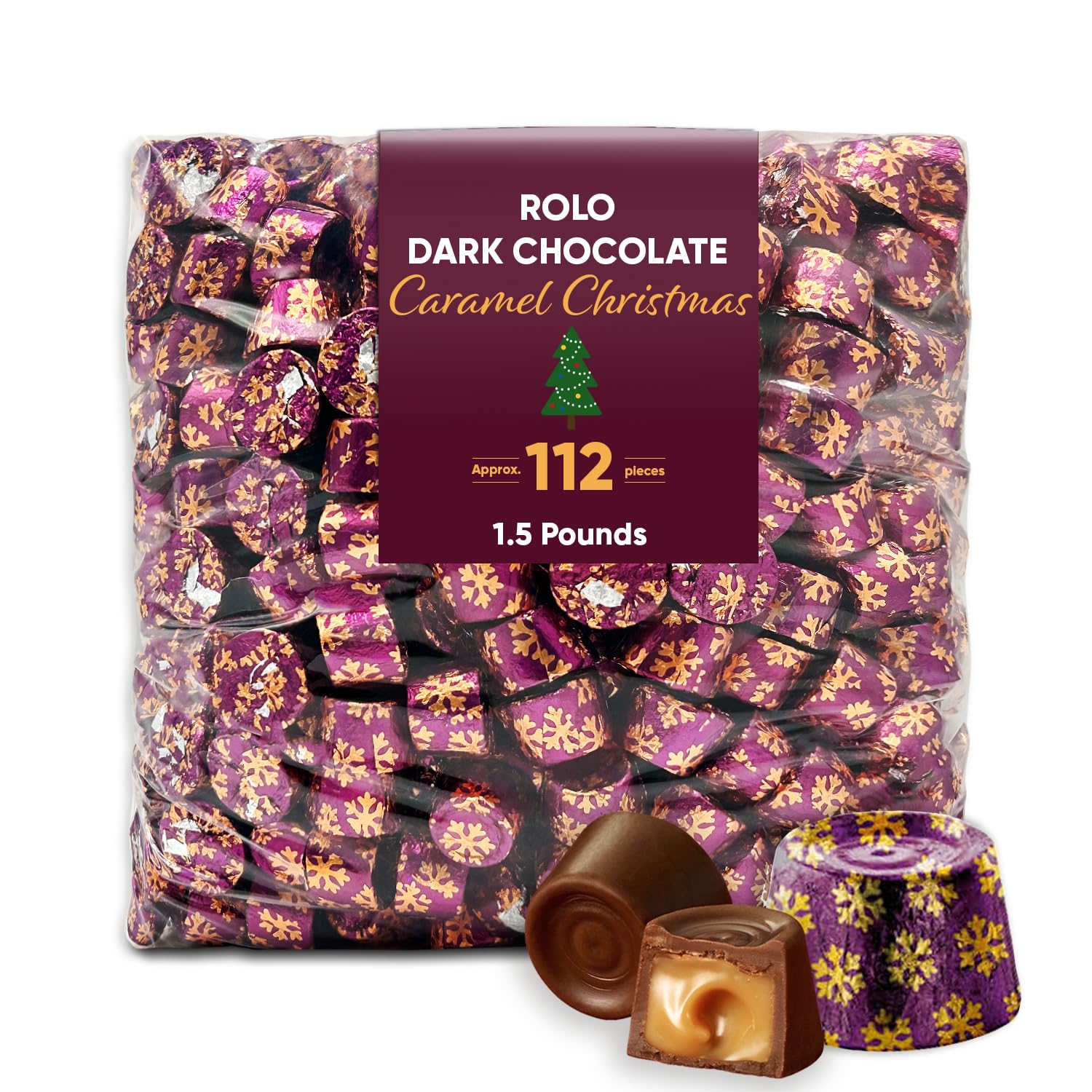 Dark Chocolate Candy with Caramel for Christmas - 1.5 Pound Approx 112 Pieces - Dark Chocolate Candy Filled with Creamy Caramel - Perfect Christmas Stocking Stuffer, Individually Wrapped for Candy Dishes, Deep Purple Gift Treats