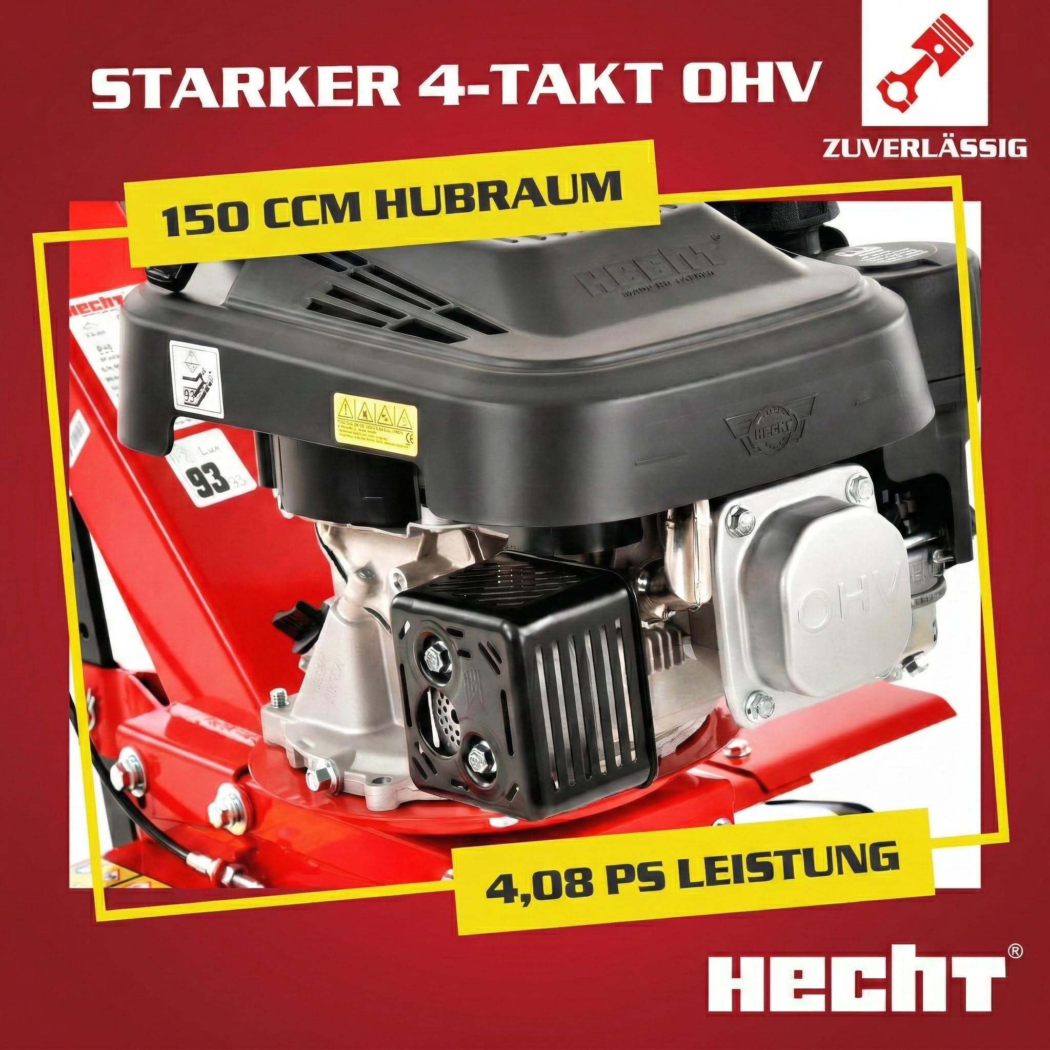HECHT Benzin Motorhacke 4,08 PS - mit 60 cm Arbeitsbreite – 4 Takt Motor – 24 Harte Messer – Bodenfräse – Gartenhacke – Kultivator – zum Boden umgraben und lockern - Gartenfräse Benzin