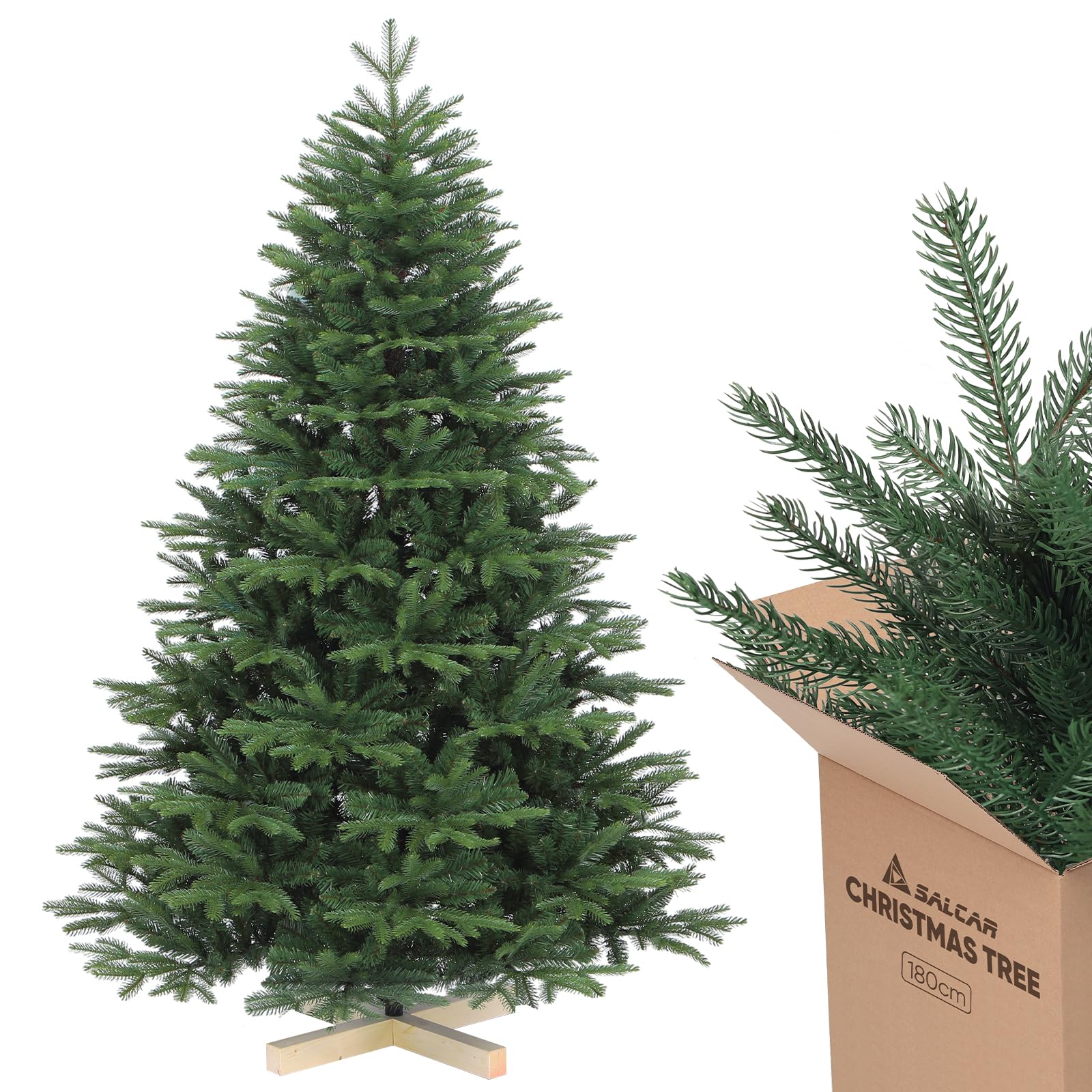 SALCAR Sapin de Noël Artificiel Nordmann de 180 cm avec Support en Bois, éléments moulés par Injection réalistes en polyéthylène et PVC, 1,8 m (diamètre 122 cm)
