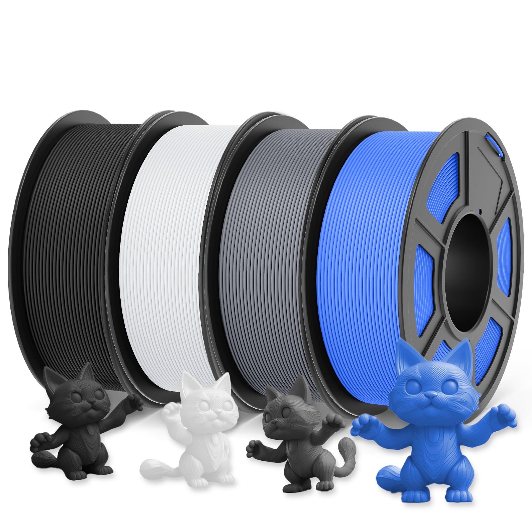 JAYO High Speed Matte PLA Filament 1.75mm 4.4KG, Rapid PLA Matte Filament 1.75mm, Dimensional Accuracy +/- 0.02mm for Most FDM 3D Printers, 1.1kg Spool, PLA 4 Pack Black+White+Gray+Pri-Cyan