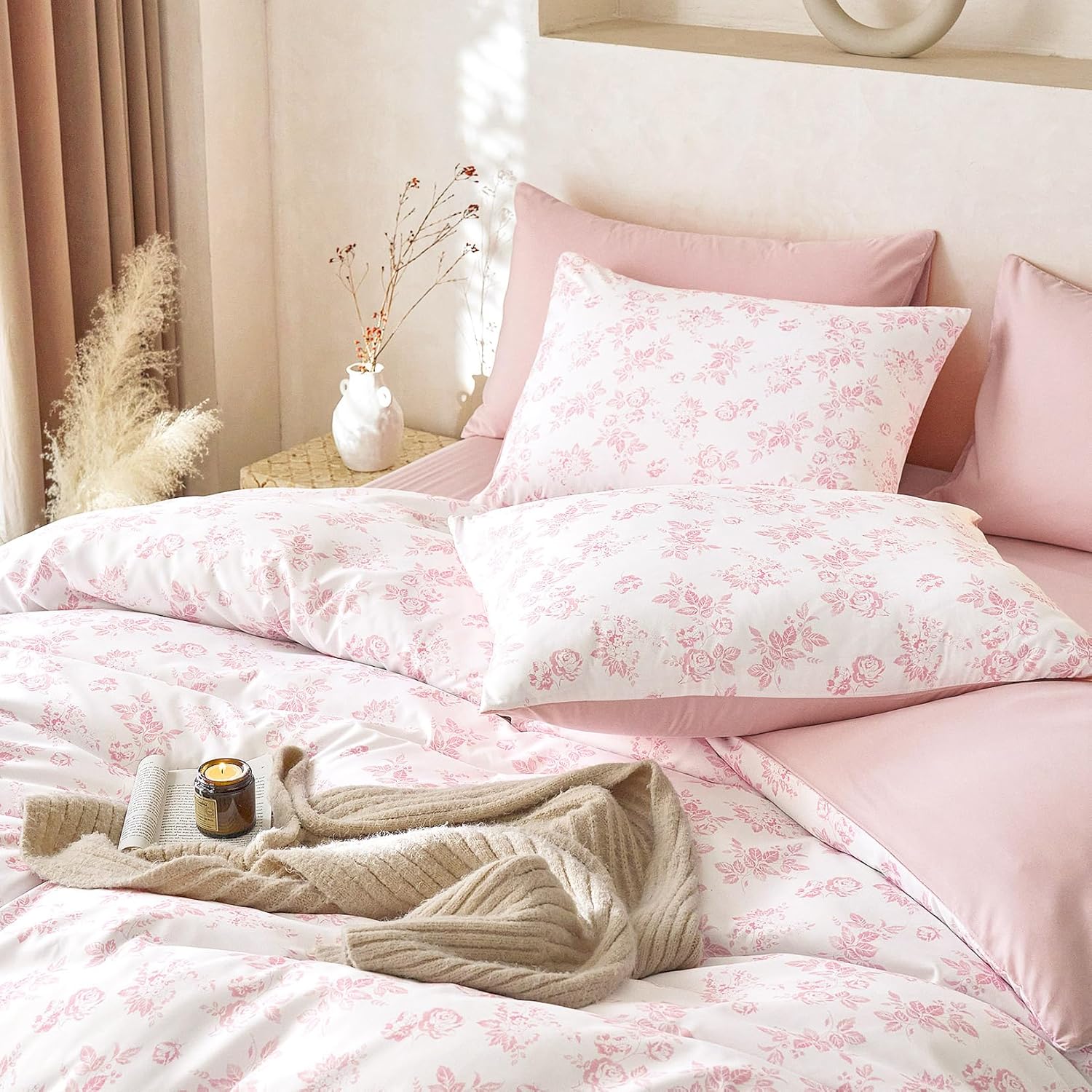 Wake In Cloud - Cottagecore Duvet Cover Set, Floral Vintage Flower Shabby Chic Coquette Aesthetic for Women Teen Girls, Soft Lightweight Bedding, 3-Piece, Pink, Twin/Twin XL Size - Image 5