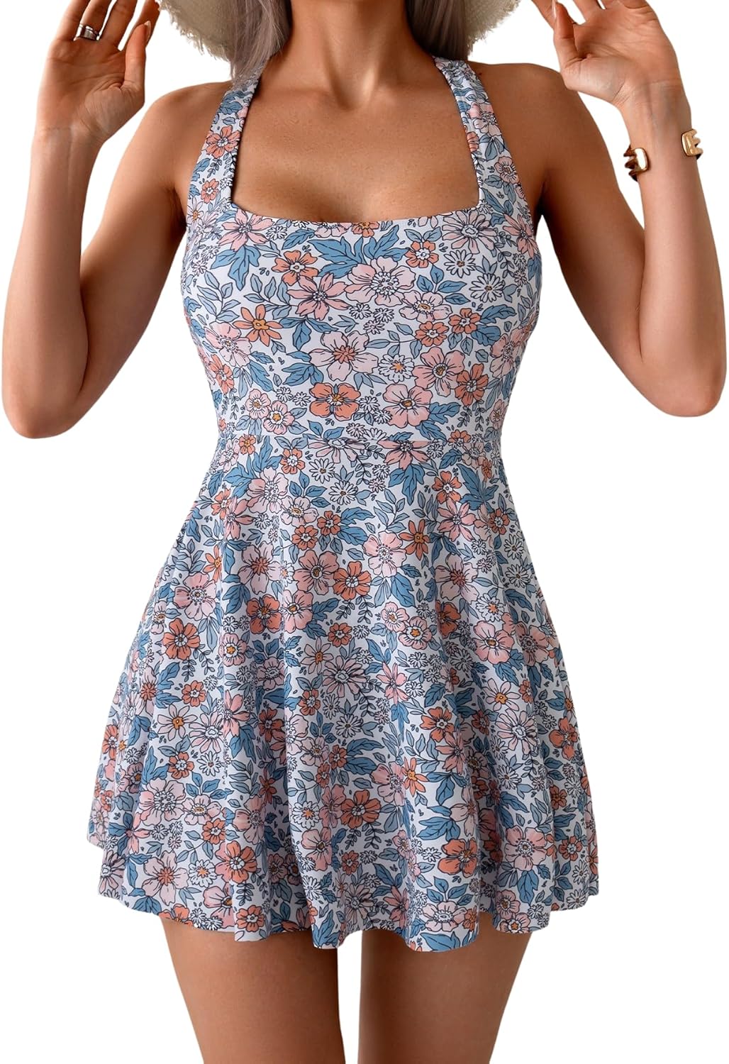 B2prity Women's One Piece Swimdress Swimsuit Tummy Control Swim Dress Modest Full Coverage Bathing Suit with Side Pocket